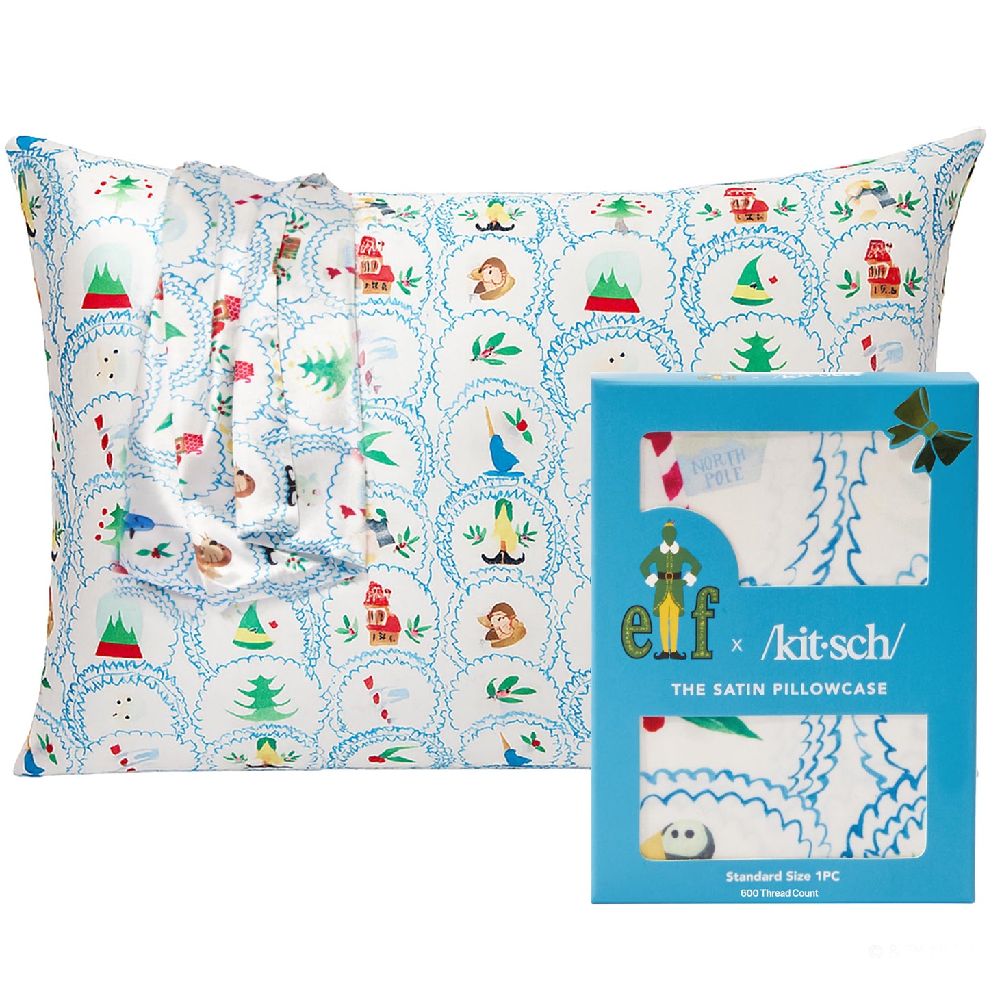 Kitsch x Elf North Pole - Satin Pillowcase with Zipper for Hair & Skin – Softer Than Silk, Cooling Pillow case, Wrinkle-Free, Machine Washable, Queen/Standard (19x26)