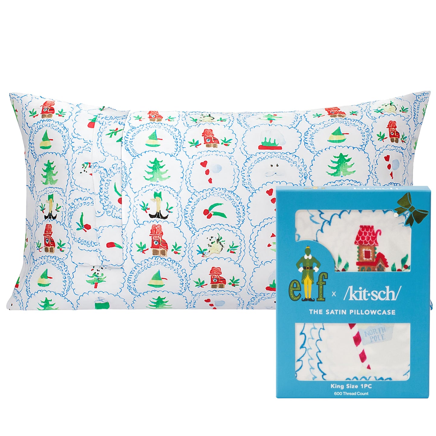 Kitsch x Elf North Pole - Satin Pillowcase with Zipper for Hair & Skin – Softer Than Silk, Cooling Pillow case, Wrinkle-Free, Machine Washable, Queen/Standard (19x26)