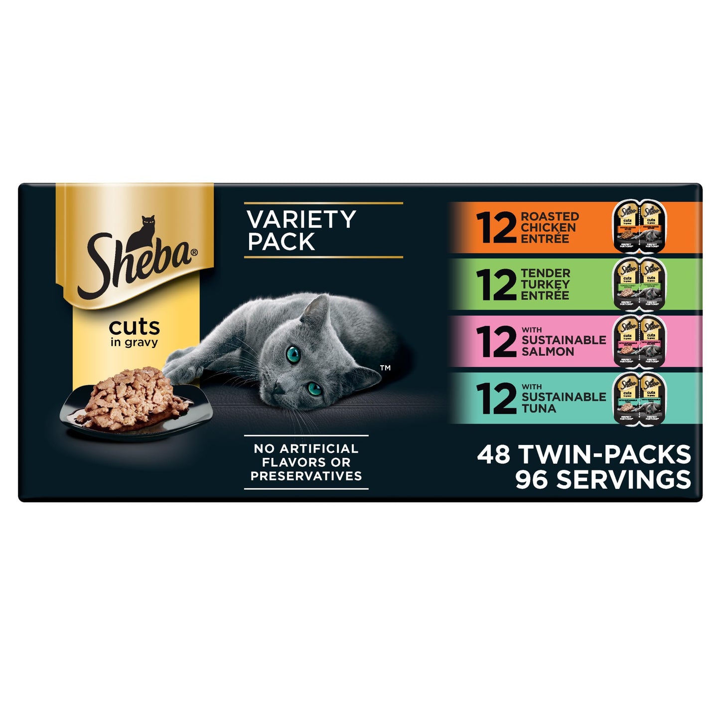 Sheba Perfect Portions Wet Cat Food Cuts in Gravy, Roasted Chicken Entree, with Sustainable Salmon, Tender Turkey Entree, 2.6 oz. Twin-Pack Trays (24 Count, 48 Servings)
