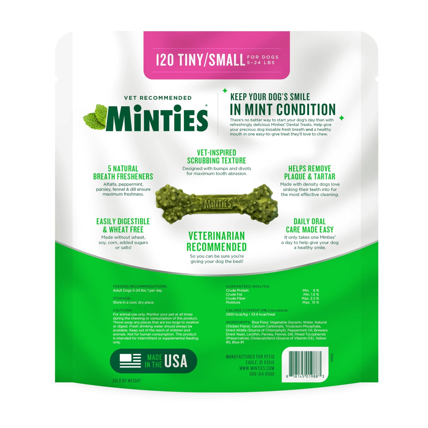 Minties Dog Dental Bone Treats, Tiny/Small Dental Dog Treats, 16 Ounces, Cleans Teeth, Fight Bad Breath, Removes Plaque and Tartar, 16 Count