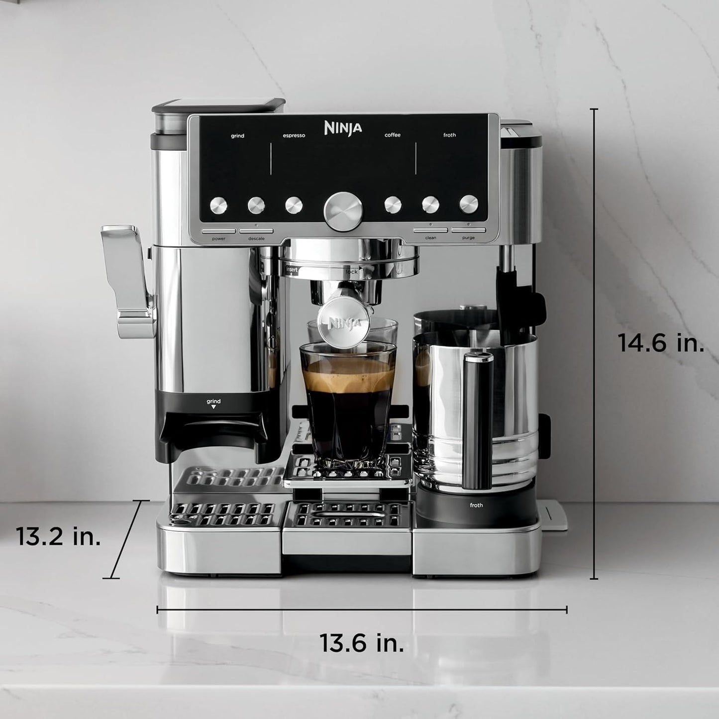 Ninja Luxe Café Pro Series, Espresso Machine, Drip Coffee, Cold Brew, Hot Water, Integrated Tamper, Built-in Grinder, Hands-Free Frother for Cappuccinos, Lattes, Americanos, Dairy or Non-Dairy, ES701
