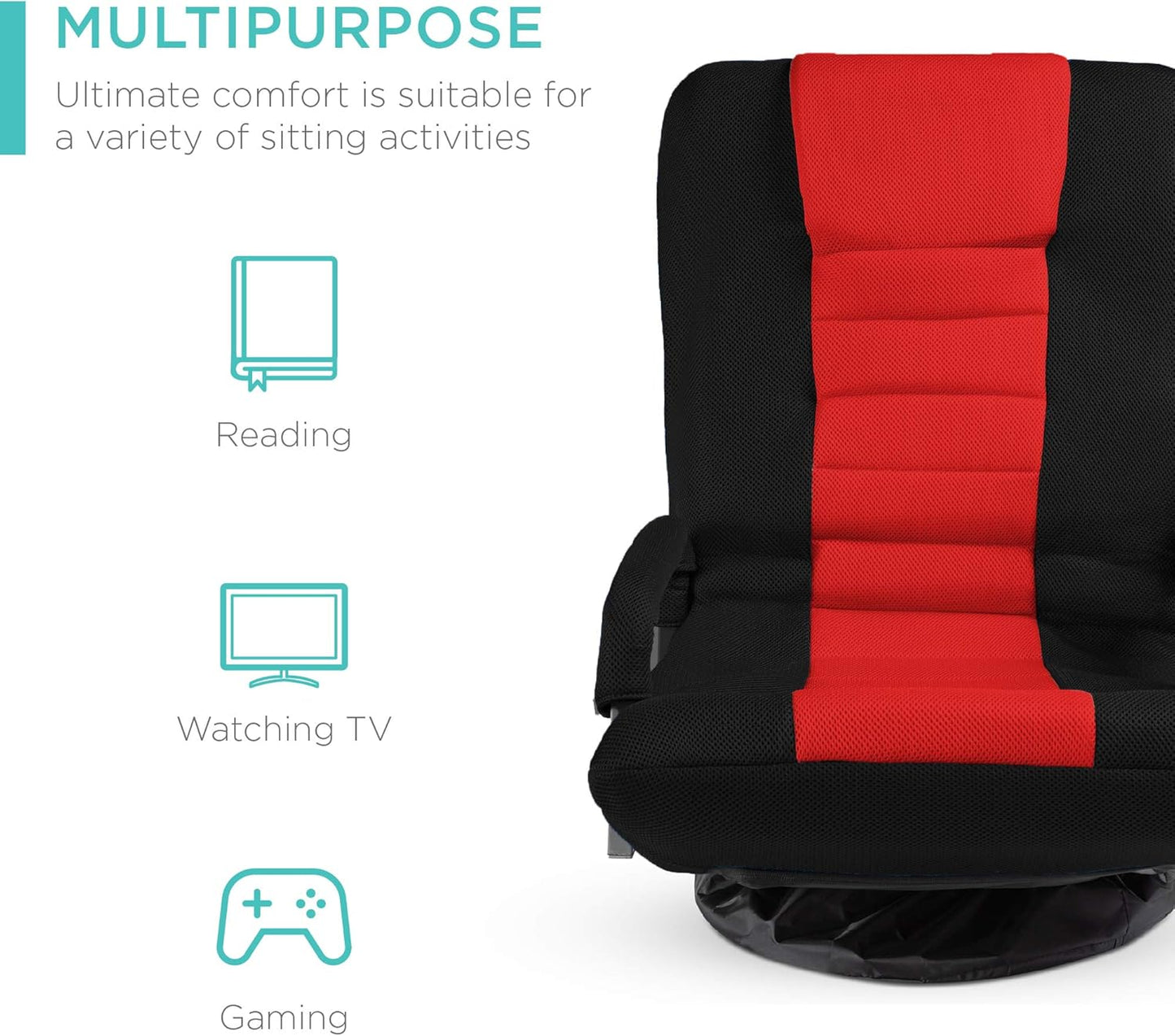 Best Choice Products Swivel Gaming Chair 360 Degree Multipurpose Floor Chair Rocker for TV, Reading, Playing Video Games w/Lumbar Support, Armrest Handles, Adjustable Foldable Backrest - Black/Red