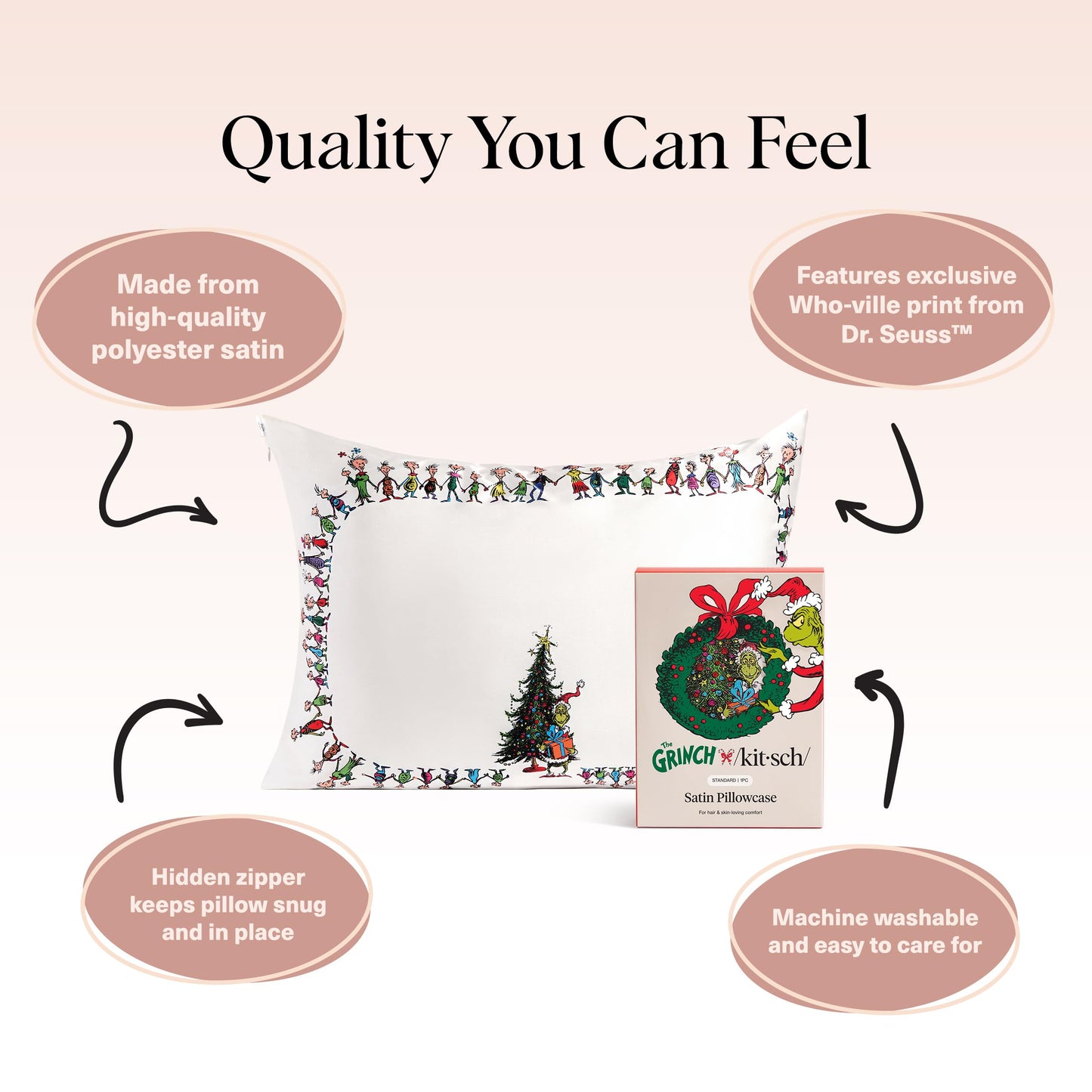 Kitsch x Elf North Pole - Satin Pillowcase with Zipper for Hair & Skin – Softer Than Silk, Cooling Pillow case, Wrinkle-Free, Machine Washable, Queen/Standard (19x26)