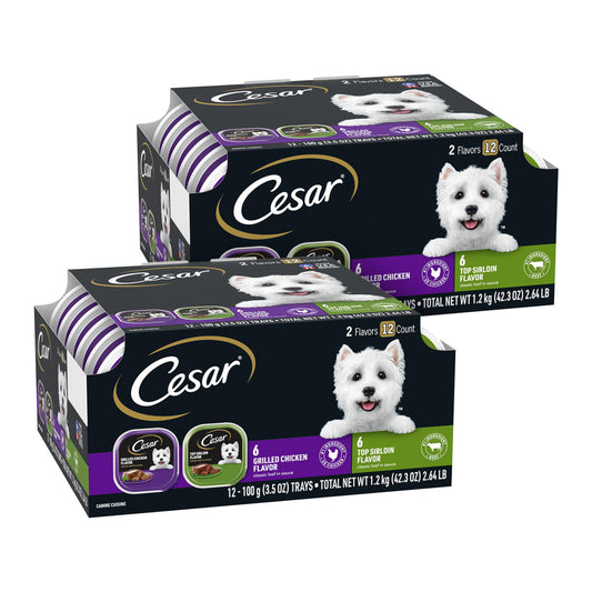 Cesar Wet Dog Food Classic Loaf in Sauce Grilled Chicken, Filet Mignon, Porterhouse Steak, Beef, Chicken & Liver and Turkey Variety Pack 3.5 oz. Easy Peel Trays (36 Count, Pack of 1)