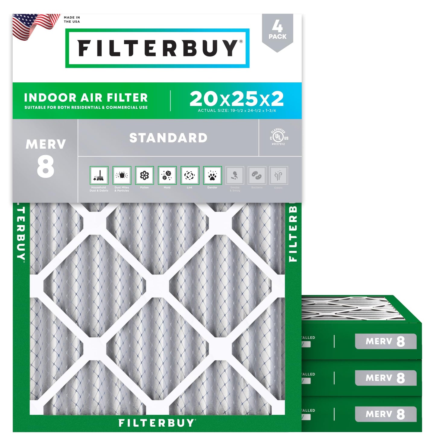 Filterbuy 16x25x1 Air Filter MERV 8 Essential Dust & Allergy Defense (4-Pack), Electrostatic Pleated HVAC AC Furnace Filters Replacement, Made in USA (Actual Size: 15.50 x 24.50 x 0.75)