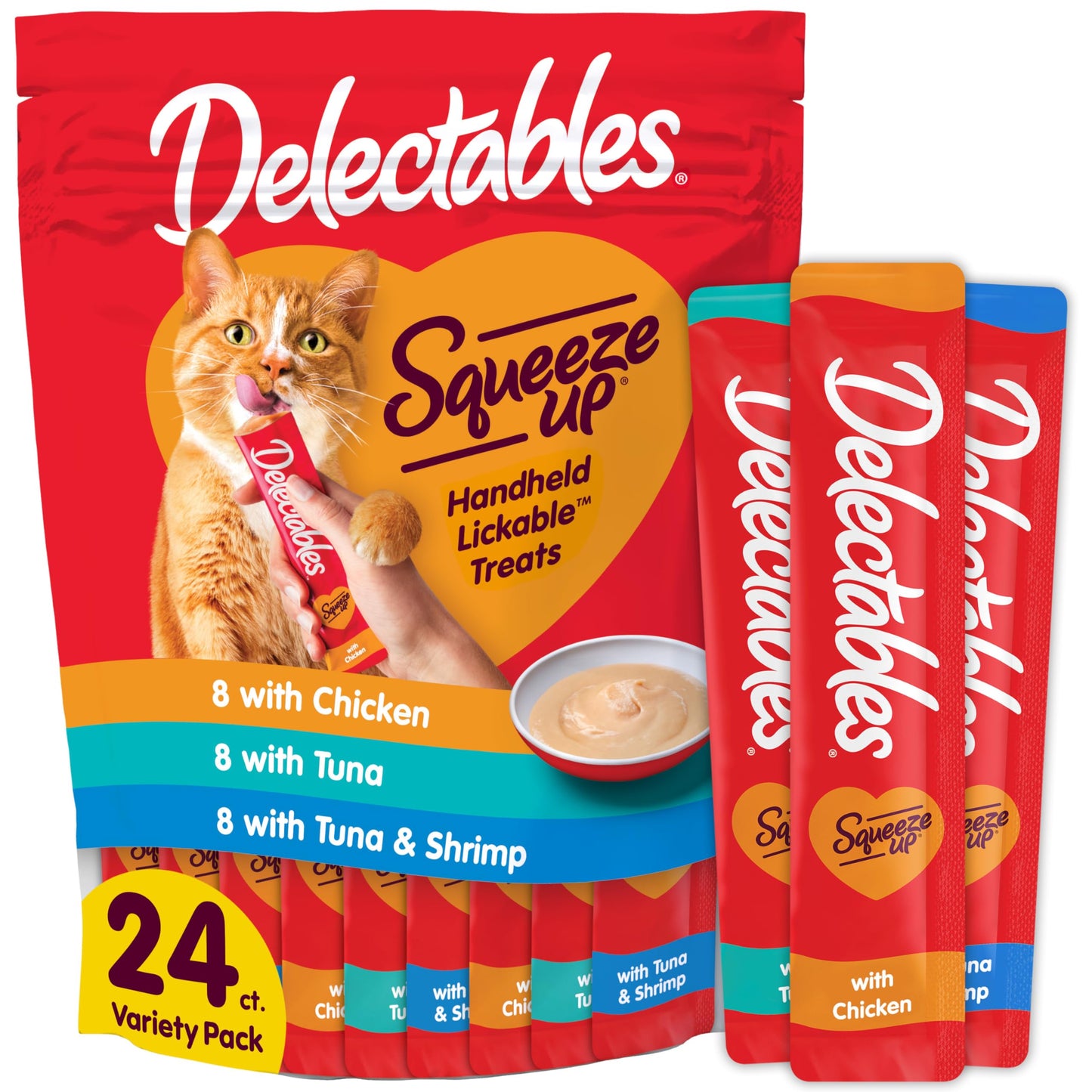 Delectables Squeeze Up Variety Pack, Creamy Squeezable Puree, Lickable Wet Cat Treats, Grain Free, No Added Fillers, No By-Products, No Added Preservatives, 0.5 Ounces Tube, 24 Tubes Total