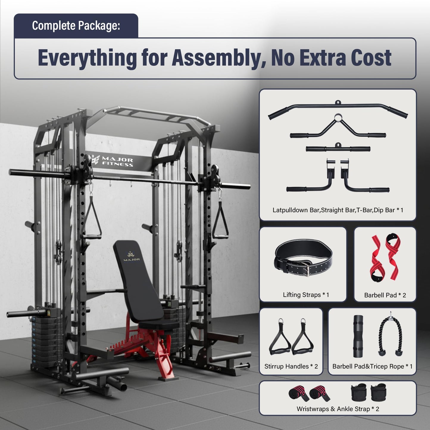 Major Fitness Drone2 Advanced Training Smith Machines– All-in-One Home Gym Squat Rack with Aluminum Pulley Set , Weight Bar, Dual LAT Pull-Down Systems & Cable Crossover Machine for Full-Body Workouts