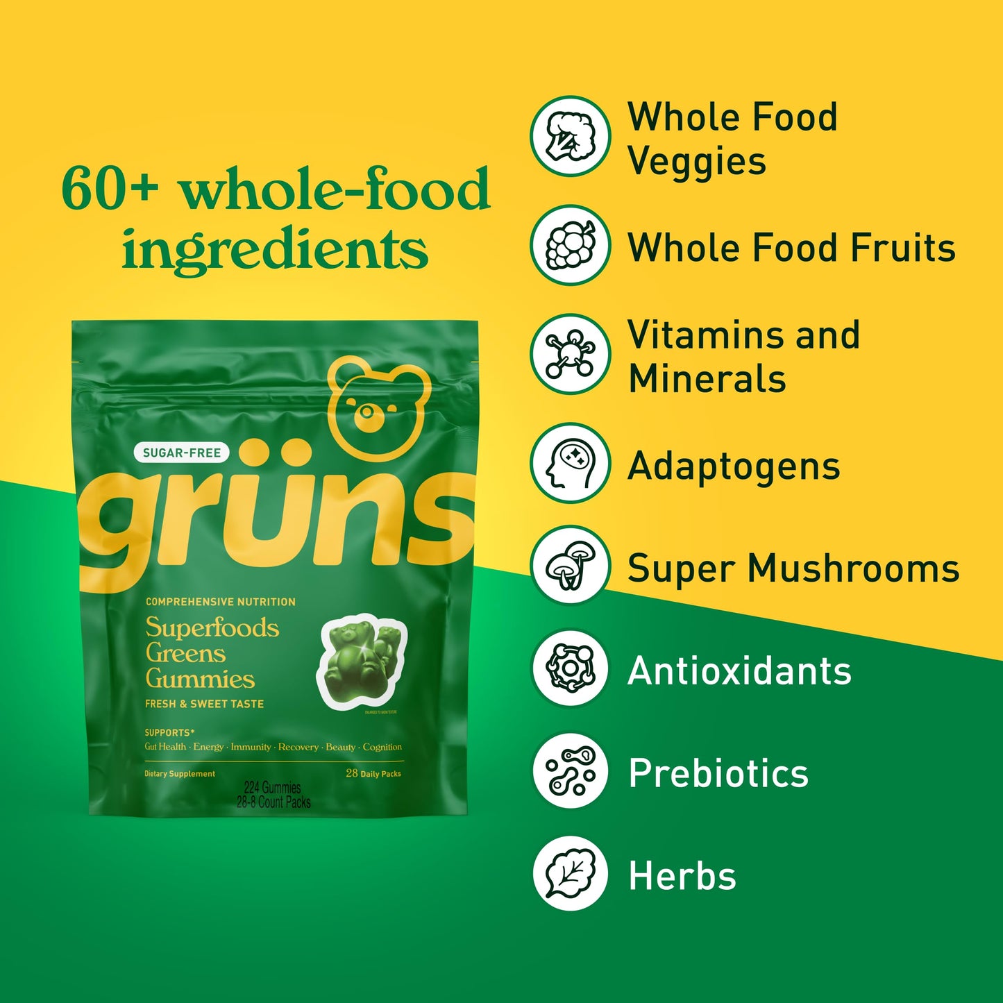 Gruns Adults Super Greens Multivitamin Gummies, Superfood Vitamin Gummy Bears with Spirulina, Chlorella, Prebiotic Fiber for Digestive Health, Adaptogens Supplement, 20 Vitamins & Minerals, 28 Count