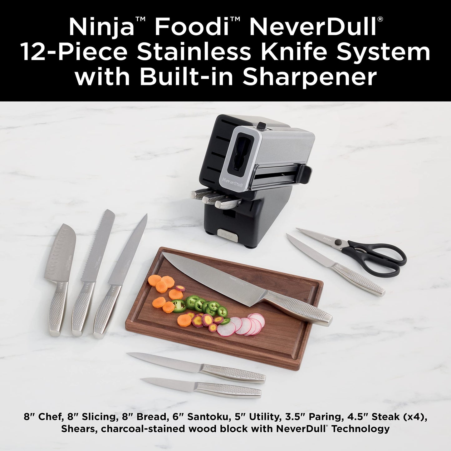 Ninja Knife Set, Knife Sharpener, Knife Block Set, Stainless Steel Knives, 14 Piece Set, Steak Knives, Chef Knives and More, Foodi NeverDull, Black, K32014