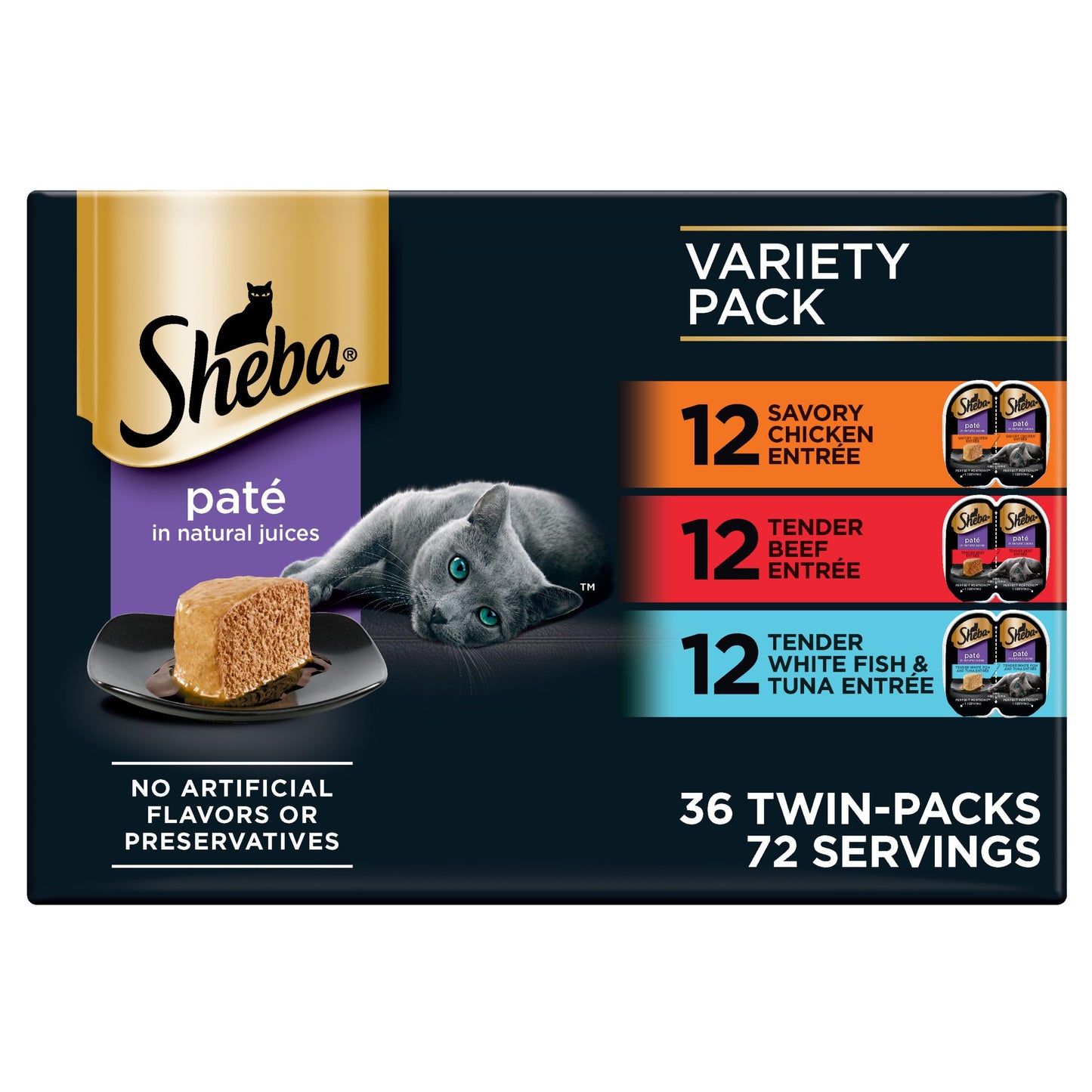 Sheba Perfect Portions Wet Cat Food Pate Savory Chicken Entree, Roasted Turkey Entree, and Tender Beef Entree Variety Pack, 2.6 oz. Twin Pack Trays (24 Count, 48 Servings)