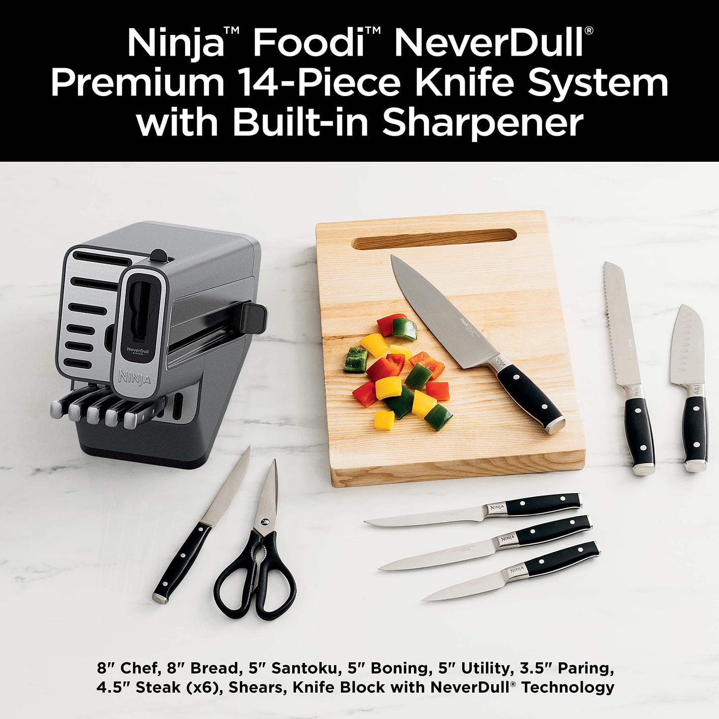 Ninja Knife Set, Knife Sharpener, Knife Block Set, Stainless Steel Knives, 14 Piece Set, Steak Knives, Chef Knives and More, Foodi NeverDull, Black, K32014