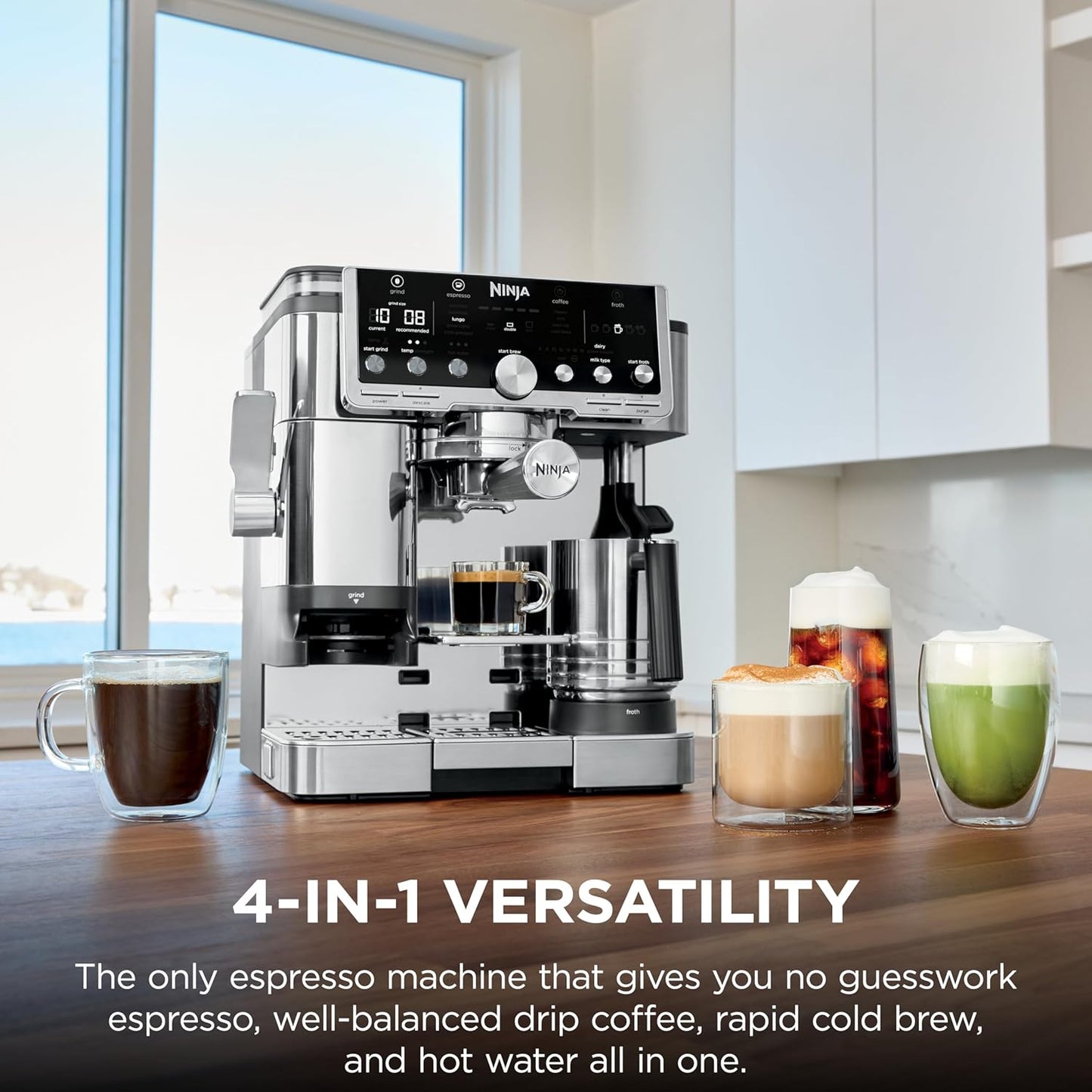 Ninja Luxe Café Pro Series, Espresso Machine, Drip Coffee, Cold Brew, Hot Water, Integrated Tamper, Built-in Grinder, Hands-Free Frother for Cappuccinos, Lattes, Americanos, Dairy or Non-Dairy, ES701