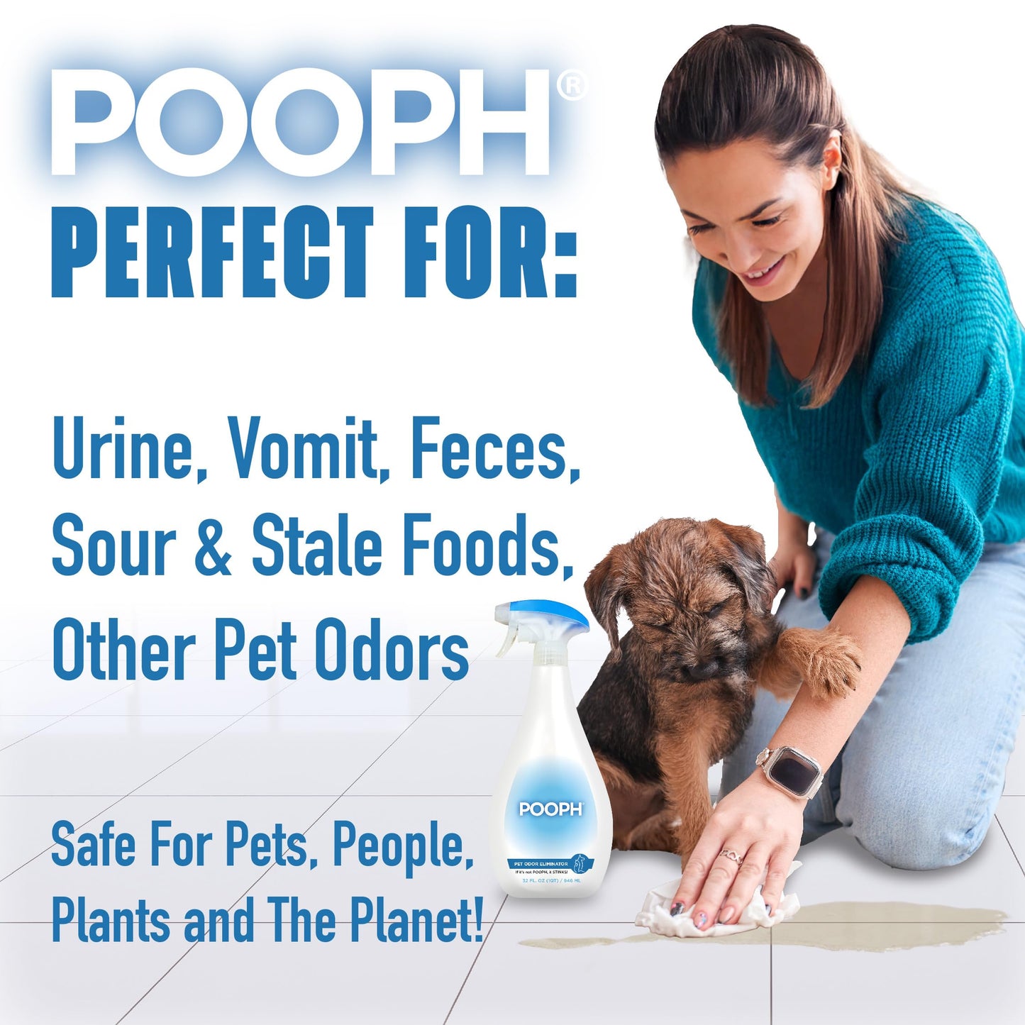 POOPH® Pet Odor Eliminator – 32 fl oz Bottle – Organic, NO Fragrances, NO Harsh Chemicals – Fast, Safe and Effective, Works On-Contact! For Home, Auto, Upholstery, Furniture – Safe for Pets & People