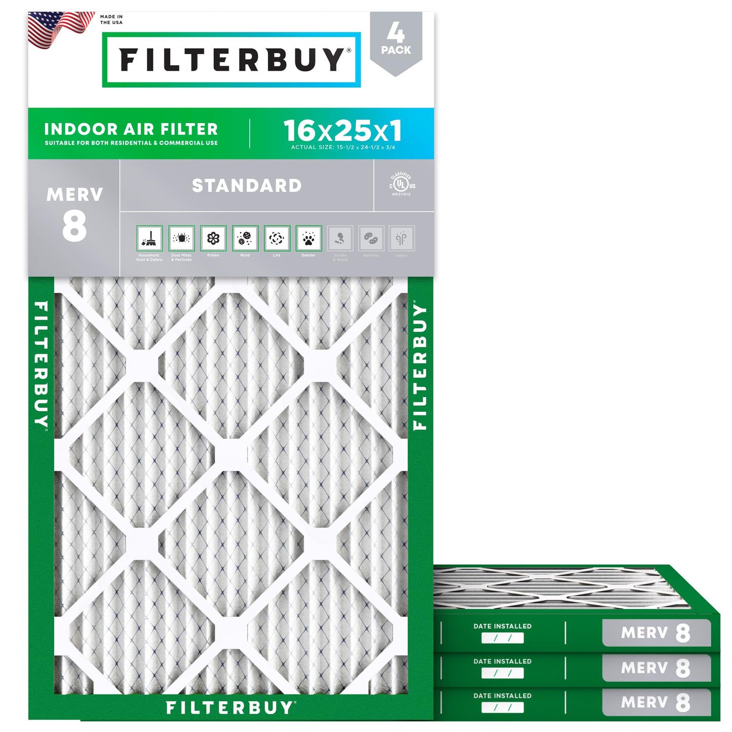 Filterbuy 16x25x1 Air Filter MERV 8 Essential Dust & Allergy Defense (4-Pack), Electrostatic Pleated HVAC AC Furnace Filters Replacement, Made in USA (Actual Size: 15.50 x 24.50 x 0.75)