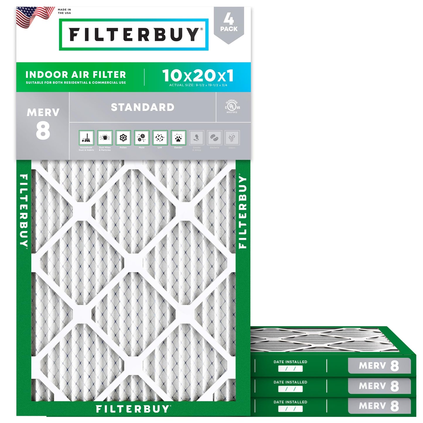 Filterbuy 16x25x1 Air Filter MERV 8 Essential Dust & Allergy Defense (4-Pack), Electrostatic Pleated HVAC AC Furnace Filters Replacement, Made in USA (Actual Size: 15.50 x 24.50 x 0.75)