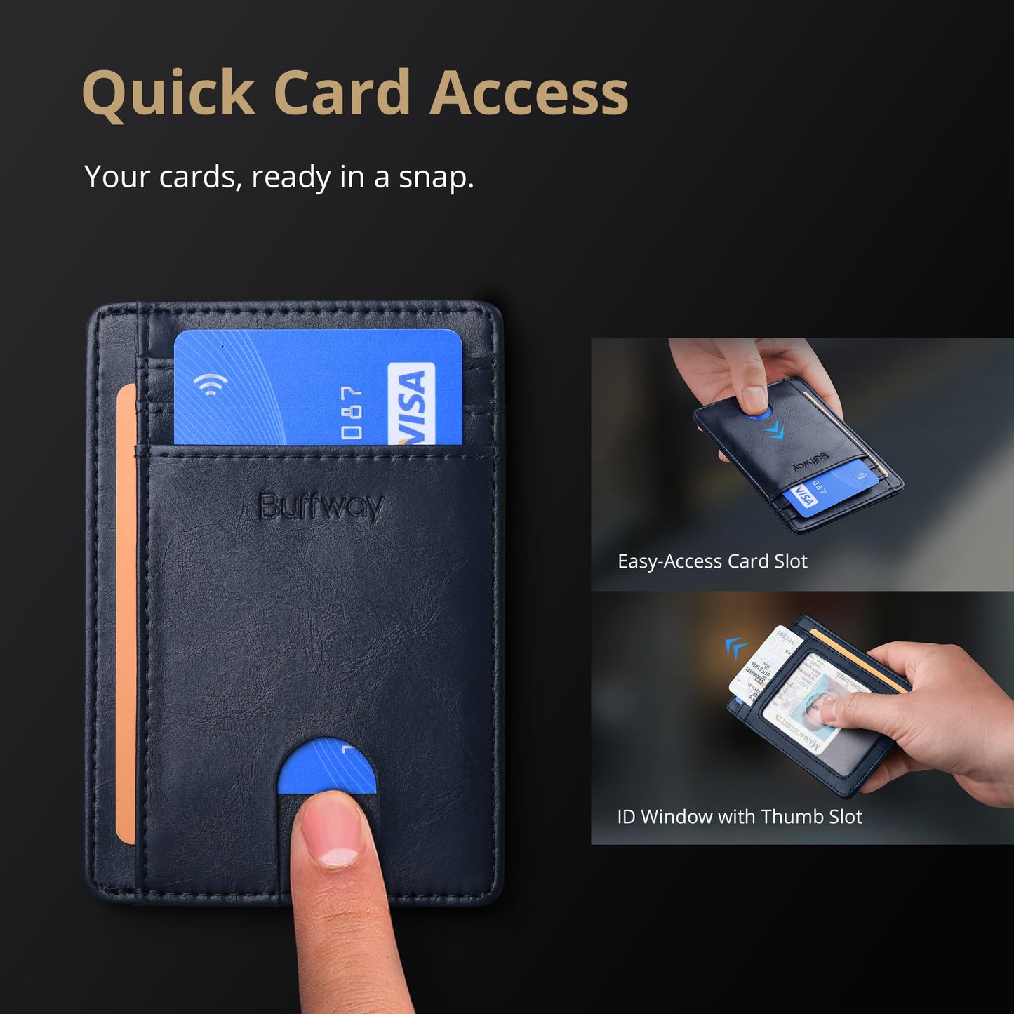 Buffway Slim Minimalist Front Pocket RFID Blocking Leather Wallets for Men and Women - Alaska Black