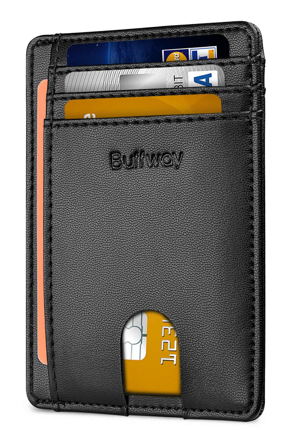 Buffway Slim Minimalist Front Pocket RFID Blocking Leather Wallets for Men and Women - Alaska Black