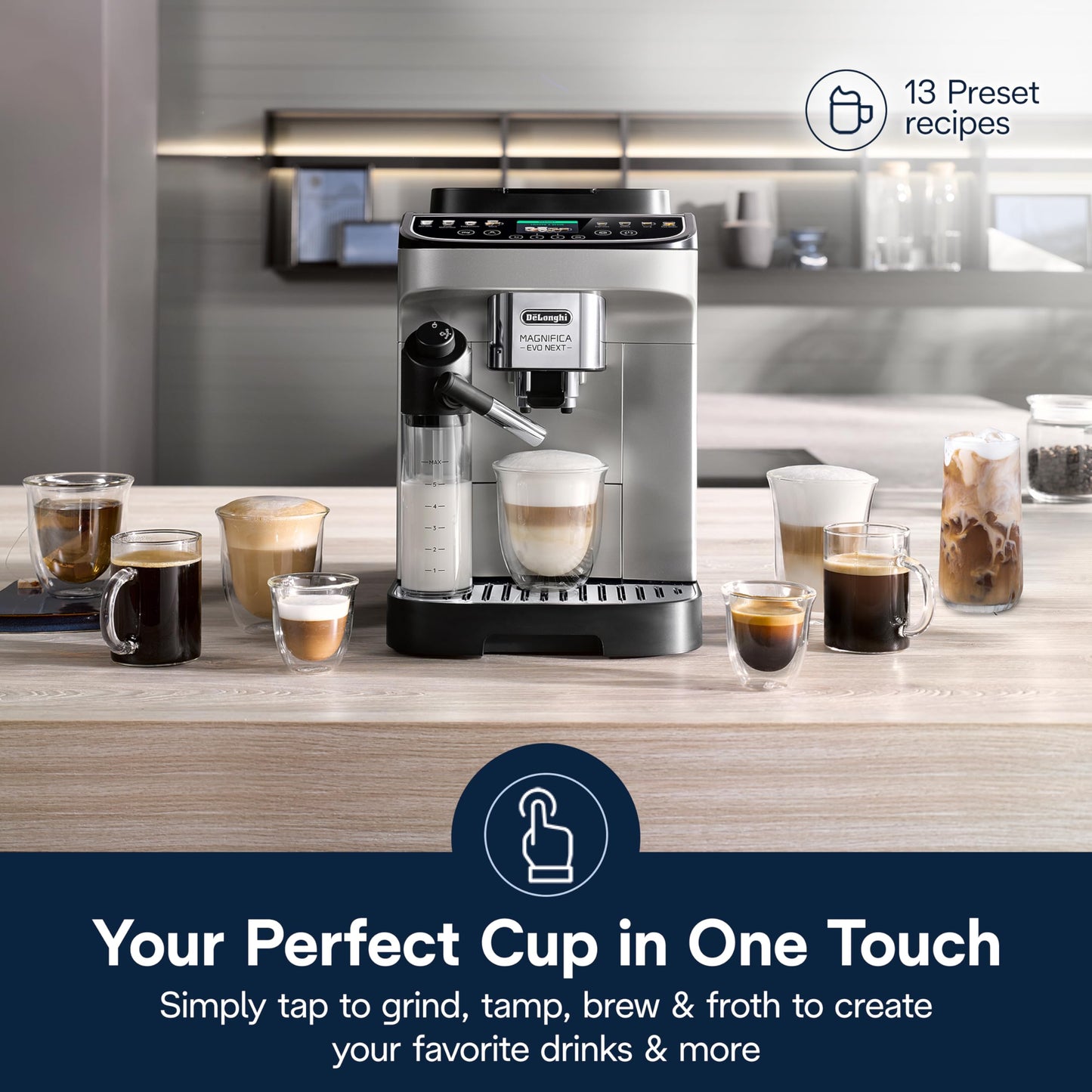 De'Longhi Magnifica Plus Fully Automatic Espresso Machine - Brew 18+ One Touch Coffee Recipes for up to 4 User Profiles, Automatic Milk Steam Wand & Built-in Grinder, Touchscreen Display