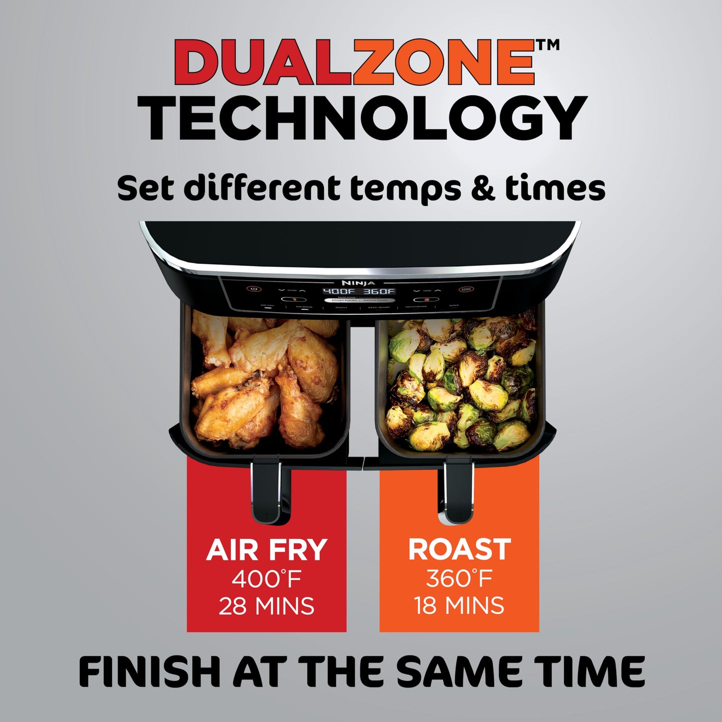 Ninja DZ401 Foodi 10 Quart 6-in-1 DualZone XL 2-Basket Air Fryer with 2 Independent Frying Baskets, Match Cook & Smart Finish to Roast, Broil, Dehydrate for Quick, Easy Family-Sized Meals, Grey