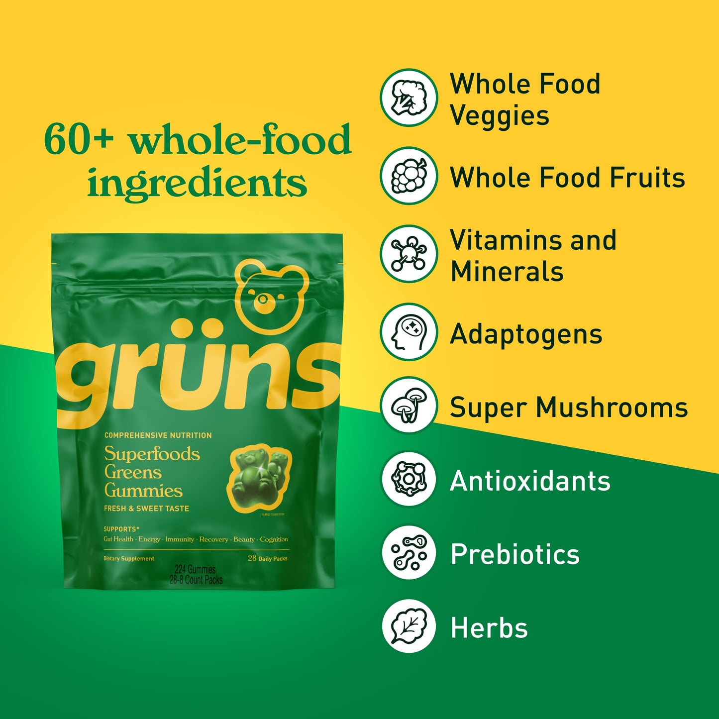 Gruns Adults Super Greens Multivitamin Gummies, Superfood Vitamin Gummy Bears with Spirulina, Chlorella, Prebiotic Fiber for Digestive Health, Adaptogens Supplement, 20 Vitamins & Minerals, 28 Count