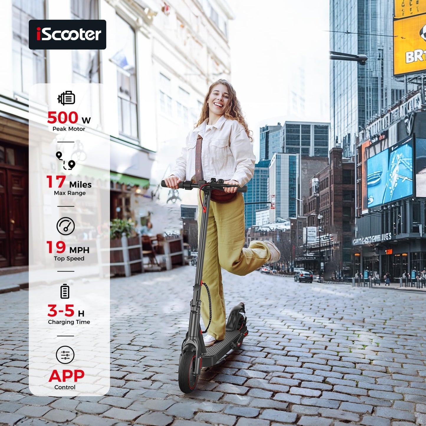 iScooter Electric Scooter Adults & Big Kids, 500/650 Peak Power, Up to 15/18/25 Miles Range, 19/22/25 MPH Top Speed, Cruise Control, Dual Braking System, Foldable E Scooter for Commuting & Campus Use