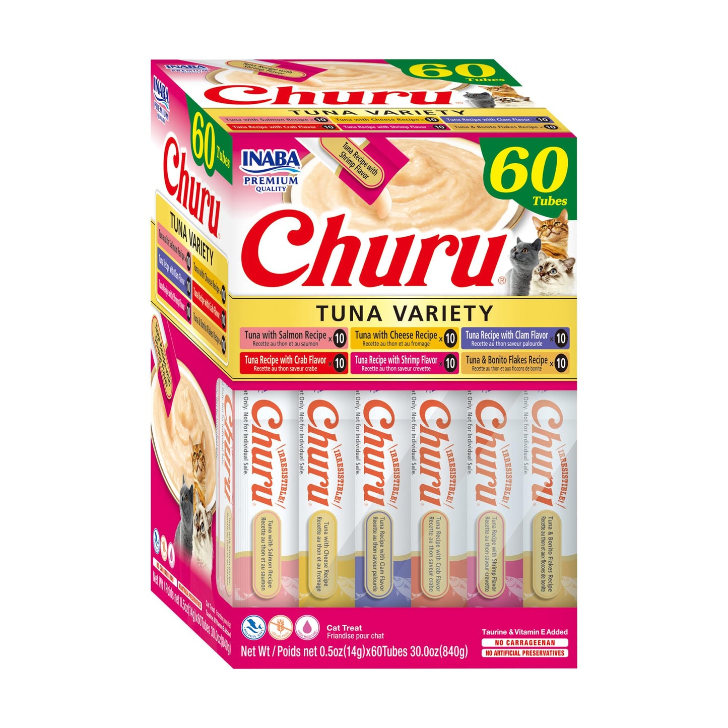 INABA Churu Cat Treats, Grain-Free, Lickable, Squeezable Creamy Purée Cat Treat/Topper, 60 Servings, Chicken Variety Box
