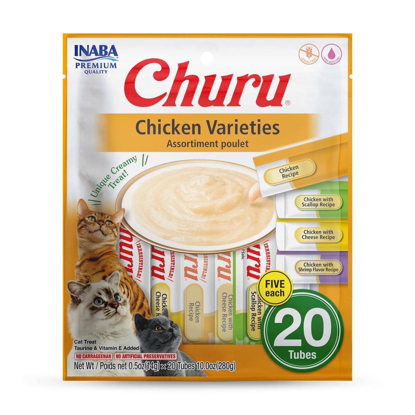 INABA Churu Cat Treats, Grain-Free, Lickable, Squeezable Creamy Purée Cat Treat/Topper, 60 Servings, Chicken Variety Box