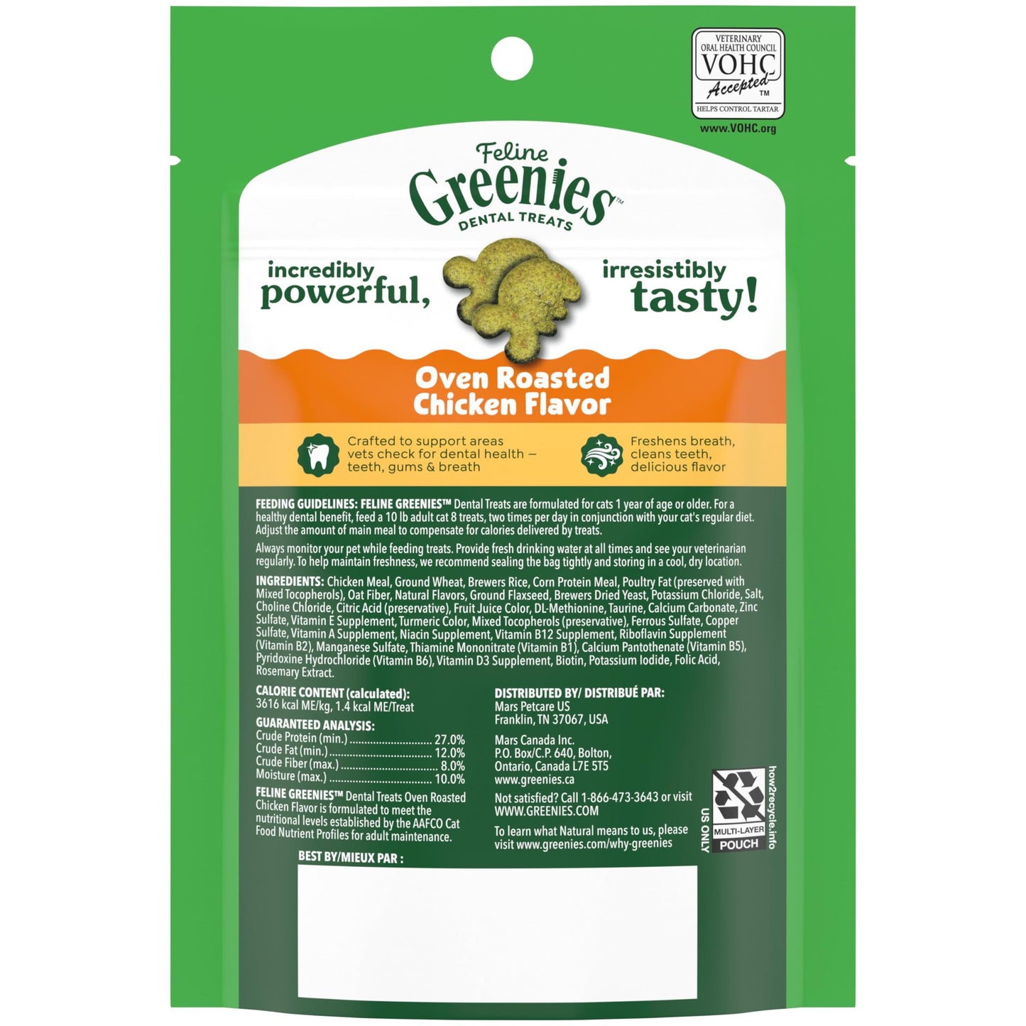 Greenies Feline Adult Dental Cat Treats, Oven Roasted Chicken Flavor, 9.75 oz. Tub