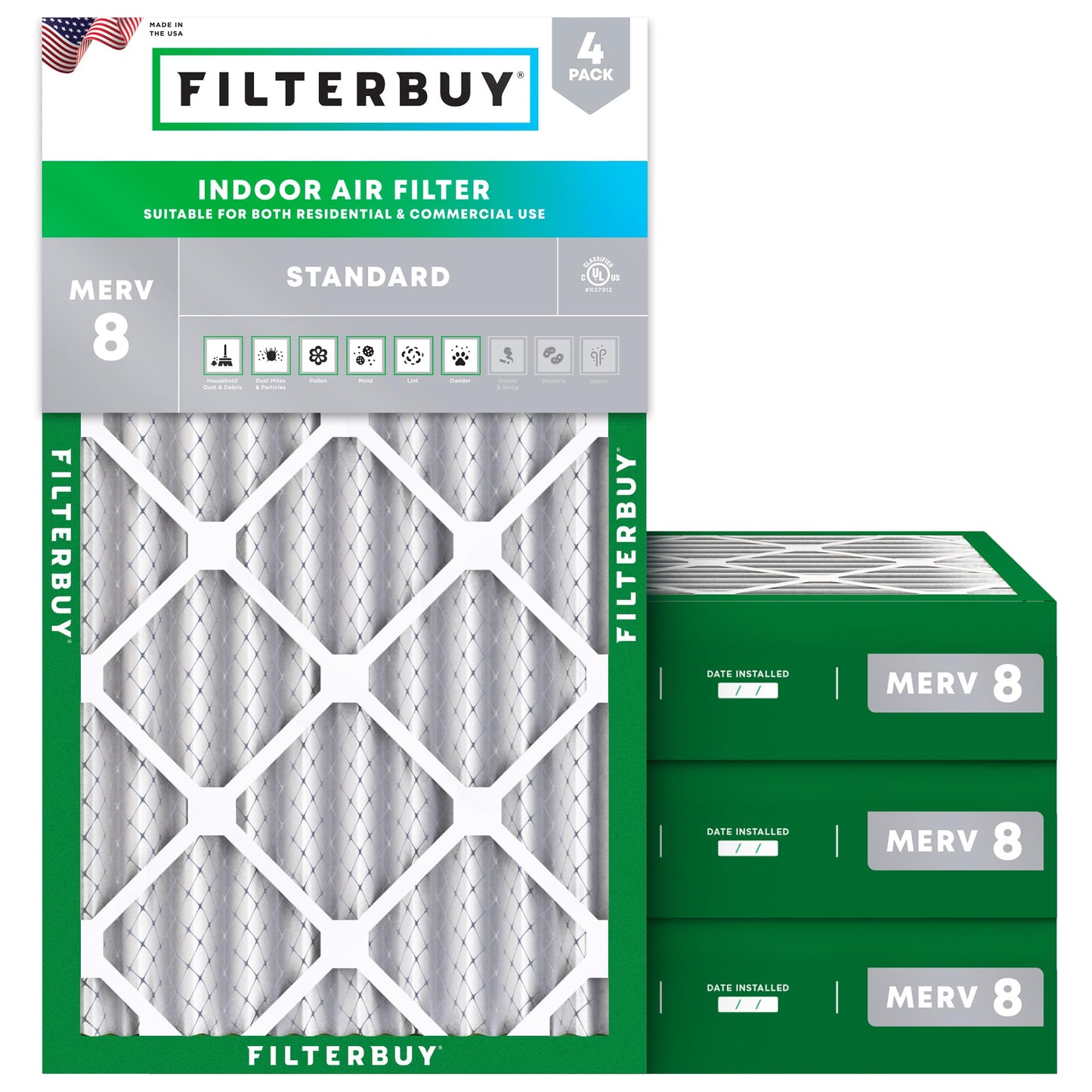 Filterbuy 16x25x1 Air Filter MERV 8 Essential Dust & Allergy Defense (4-Pack), Electrostatic Pleated HVAC AC Furnace Filters Replacement, Made in USA (Actual Size: 15.50 x 24.50 x 0.75)