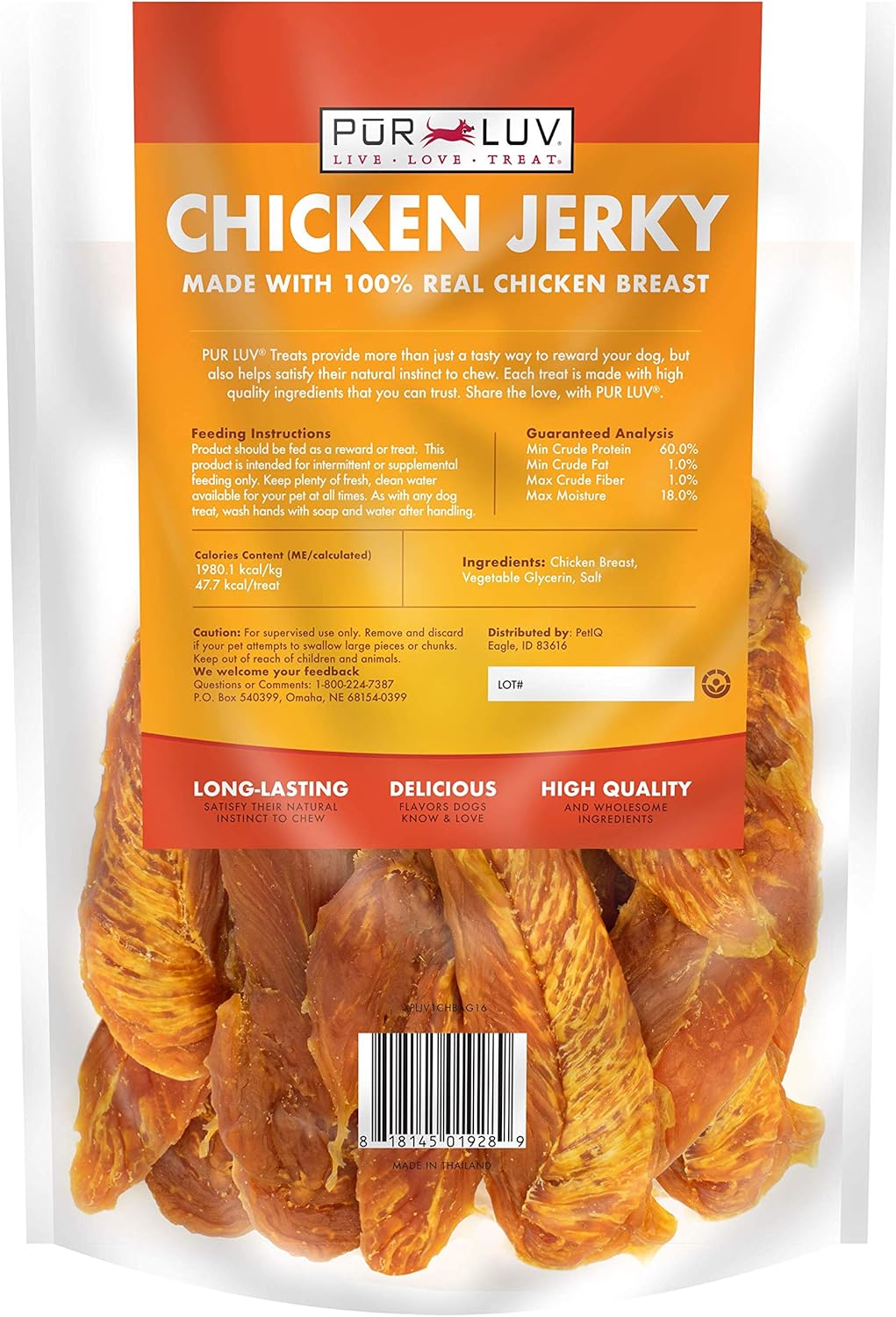 Pur Luv Chicken Jerky Dog Treats, Made with 100% Real Chicken Breast, 16 Ounces, Healthy, Easily Digestible, Long-Lasting, High Protein, Satisfies Dog's Urge to Chew