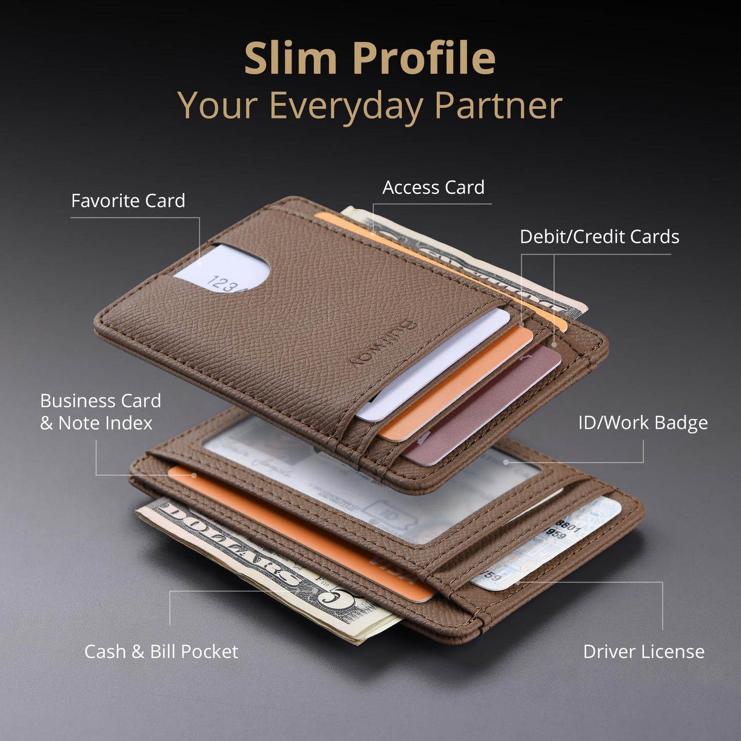 Buffway Slim Minimalist Front Pocket RFID Blocking Leather Wallets for Men and Women - Alaska Black