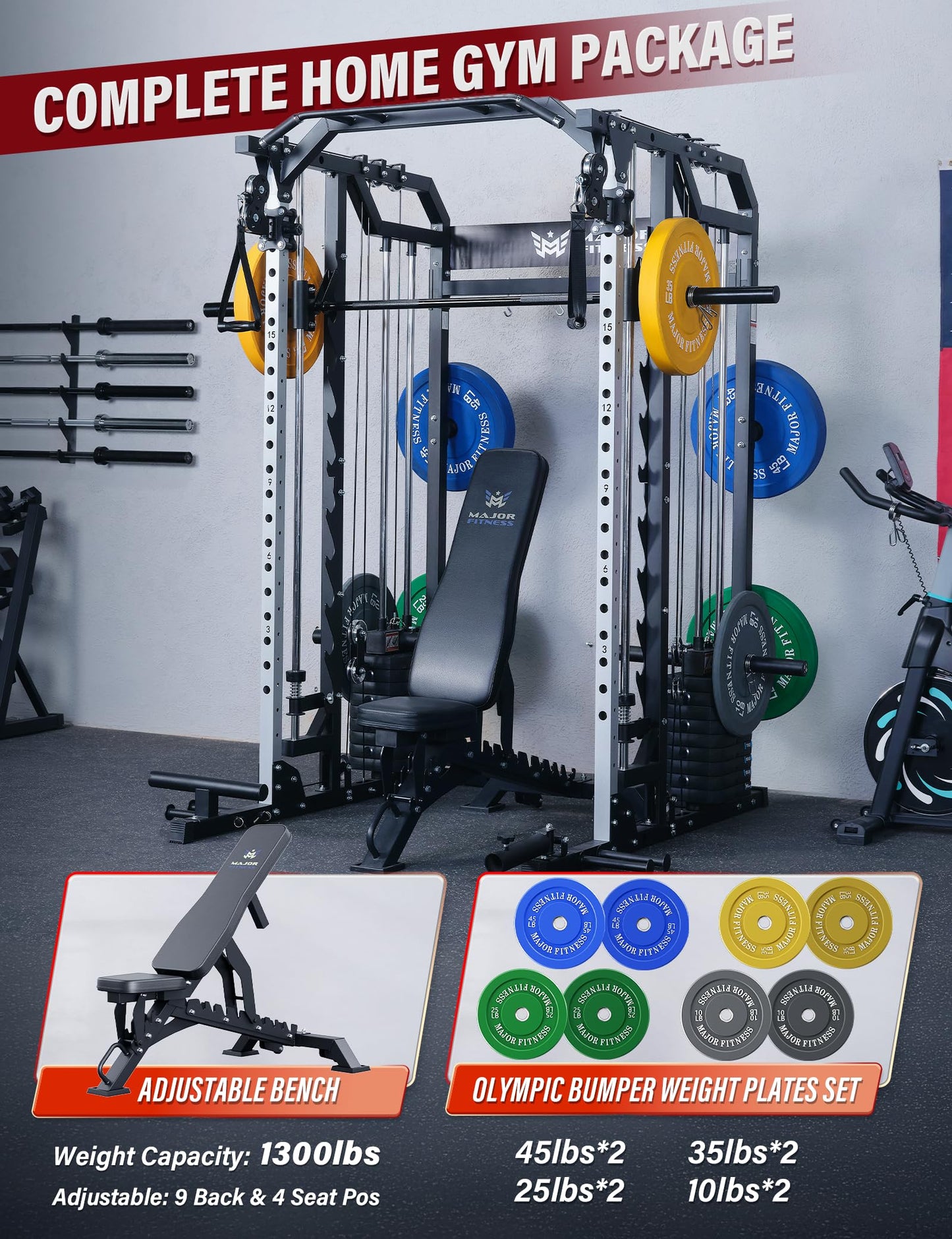 Major Fitness Drone2 Advanced Training Smith Machines– All-in-One Home Gym Squat Rack with Aluminum Pulley Set , Weight Bar, Dual LAT Pull-Down Systems & Cable Crossover Machine for Full-Body Workouts