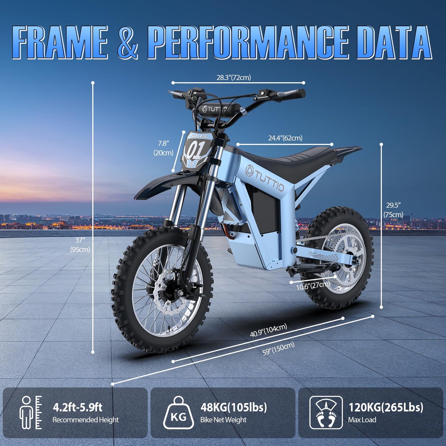 Tuttio Soleil 01 Electric-Dirt-Bike Soleil 01 BF Electric-Bike with 48V 21Ah Removable Battery, 37MPH, 14"/12" Fat Tire E-Motorcycle for Mountain Off-Road Teens Adults, Fit Age 13+