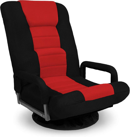 Best Choice Products Swivel Gaming Chair 360 Degree Multipurpose Floor Chair Rocker for TV, Reading, Playing Video Games w/Lumbar Support, Armrest Handles, Adjustable Foldable Backrest - Black/Red