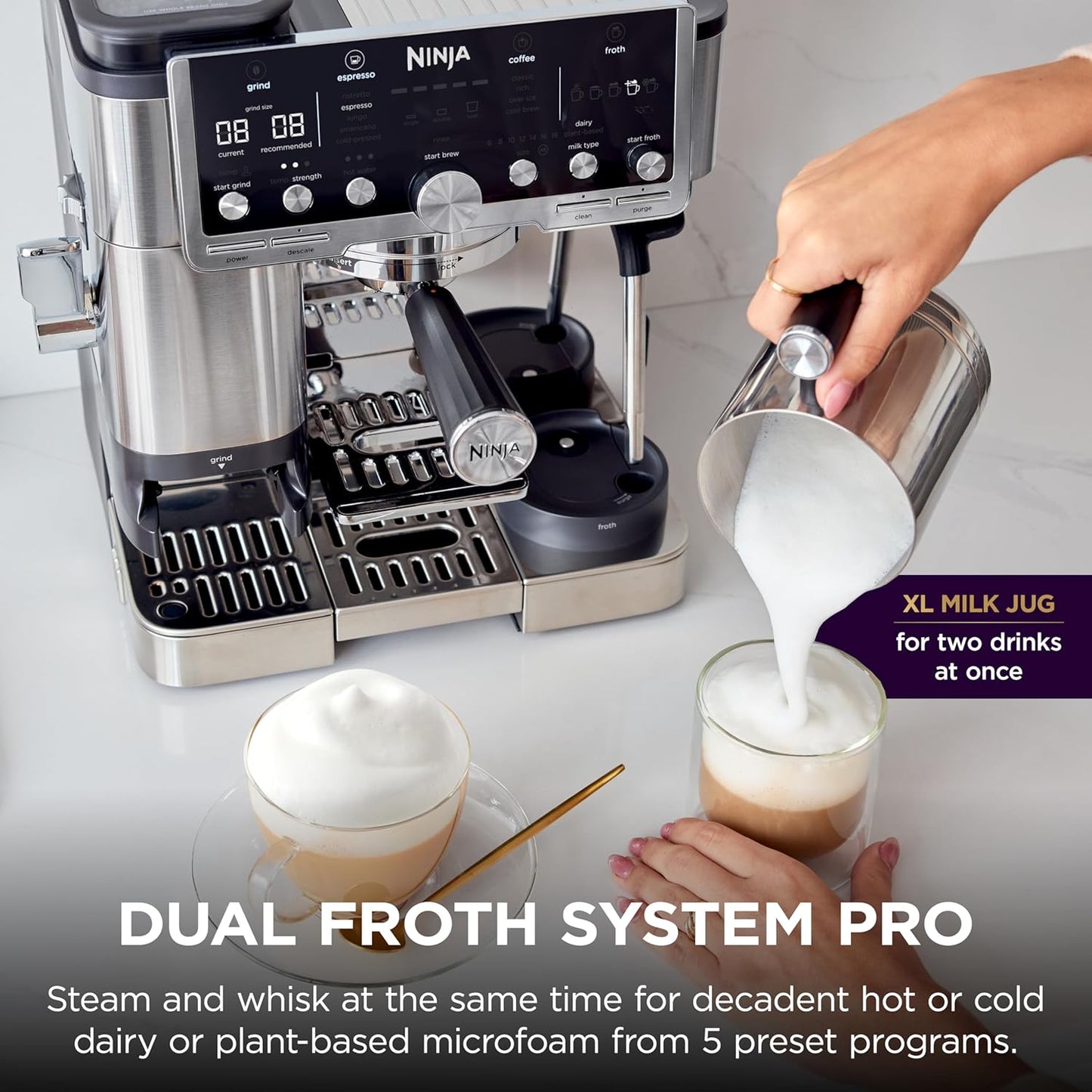 Ninja Luxe Café Pro Series, Espresso Machine, Drip Coffee, Cold Brew, Hot Water, Integrated Tamper, Built-in Grinder, Hands-Free Frother for Cappuccinos, Lattes, Americanos, Dairy or Non-Dairy, ES701