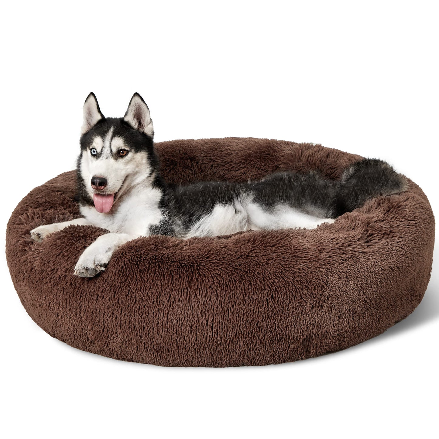 Bedsure Calming Dog Bed Medium Size Dog - Donut Washable Medium Pet Bed, 30 inches Anti-Slip Round Fluffy Plush Faux Fur Cat Bed, Fits up to 45 lbs Pets, Camel