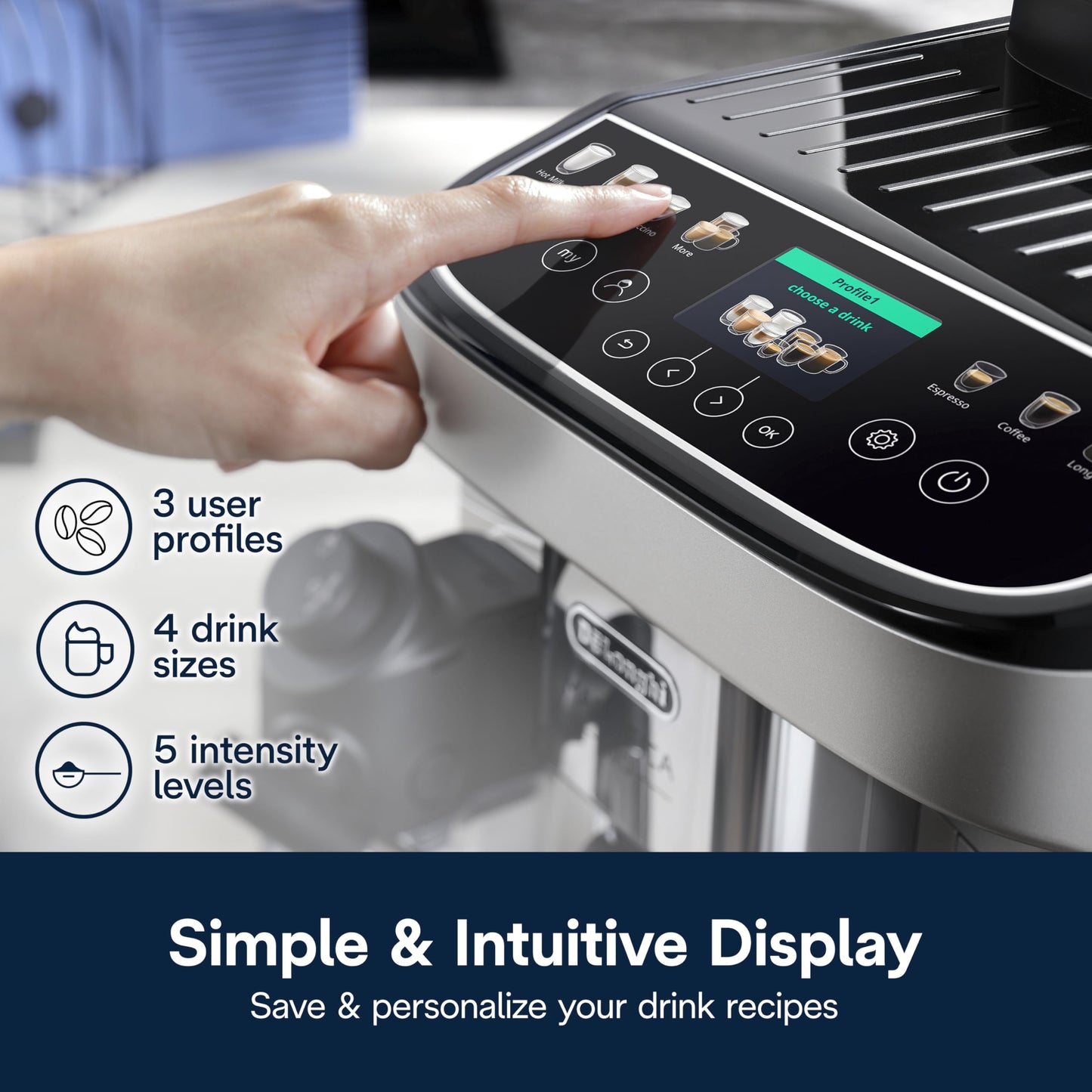De'Longhi Magnifica Plus Fully Automatic Espresso Machine - Brew 18+ One Touch Coffee Recipes for up to 4 User Profiles, Automatic Milk Steam Wand & Built-in Grinder, Touchscreen Display