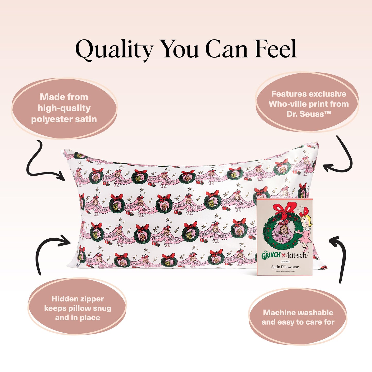 Kitsch x Elf North Pole - Satin Pillowcase with Zipper for Hair & Skin – Softer Than Silk, Cooling Pillow case, Wrinkle-Free, Machine Washable, Queen/Standard (19x26)