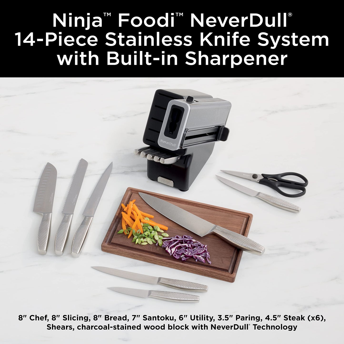 Ninja Knife Set, Knife Sharpener, Knife Block Set, Stainless Steel Knives, 14 Piece Set, Steak Knives, Chef Knives and More, Foodi NeverDull, Black, K32014