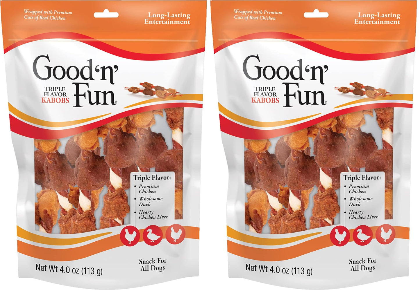 Good ‘n’ Fun Triple Flavor Kabobs Chews for All Dogs, 24 Ounces, Treat Your Dog to Chews Made from Beef Hide, Real Chicken, Pork Hide, Duck and Chicken Liver