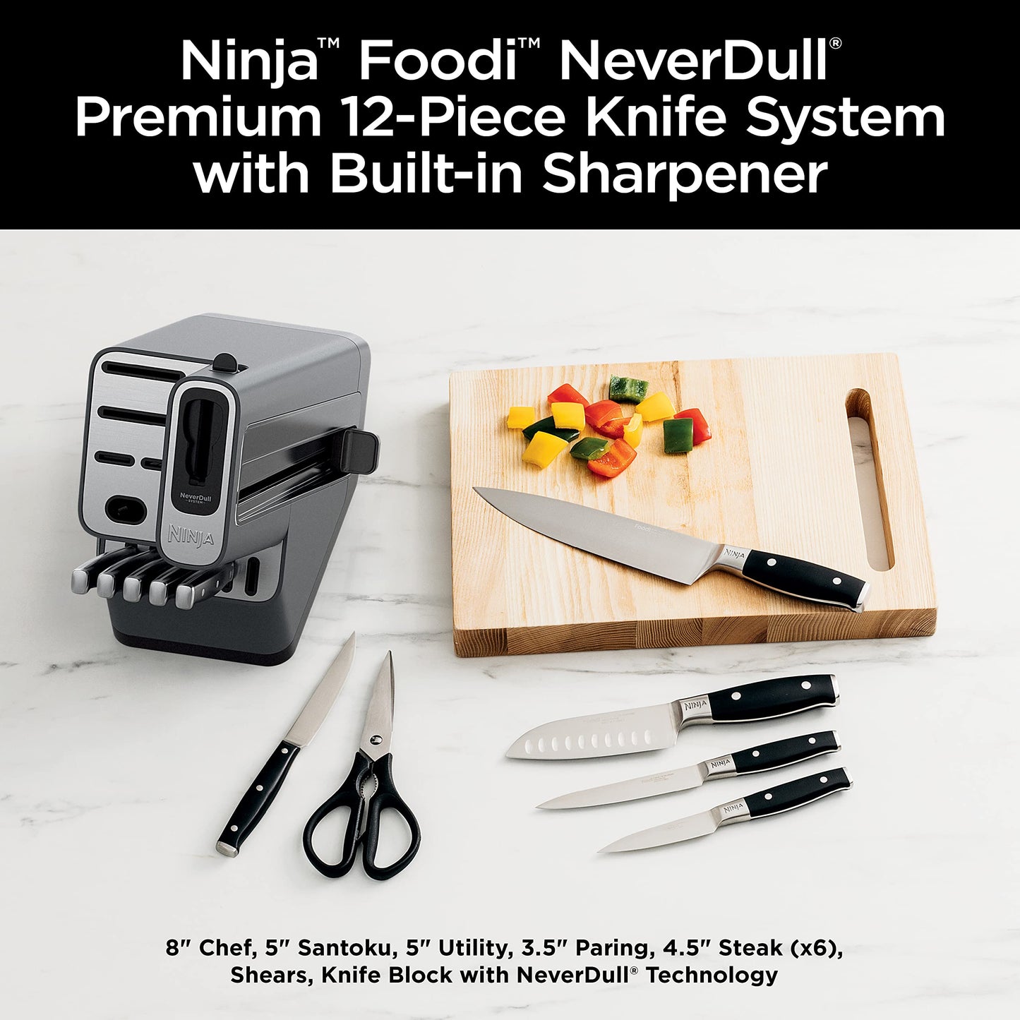 Ninja Knife Set, Knife Sharpener, Knife Block Set, Stainless Steel Knives, 14 Piece Set, Steak Knives, Chef Knives and More, Foodi NeverDull, Black, K32014