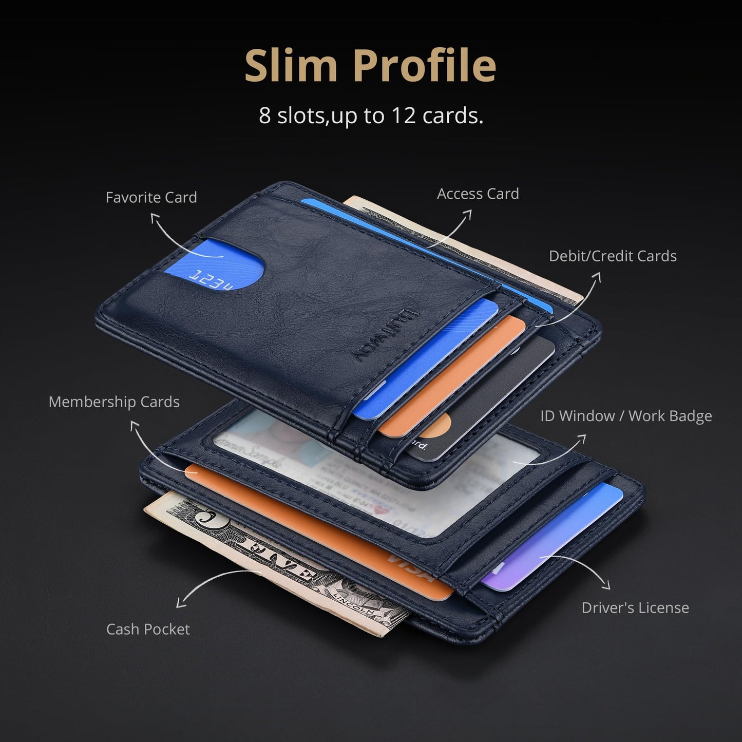 Buffway Slim Minimalist Front Pocket RFID Blocking Leather Wallets for Men and Women - Alaska Black