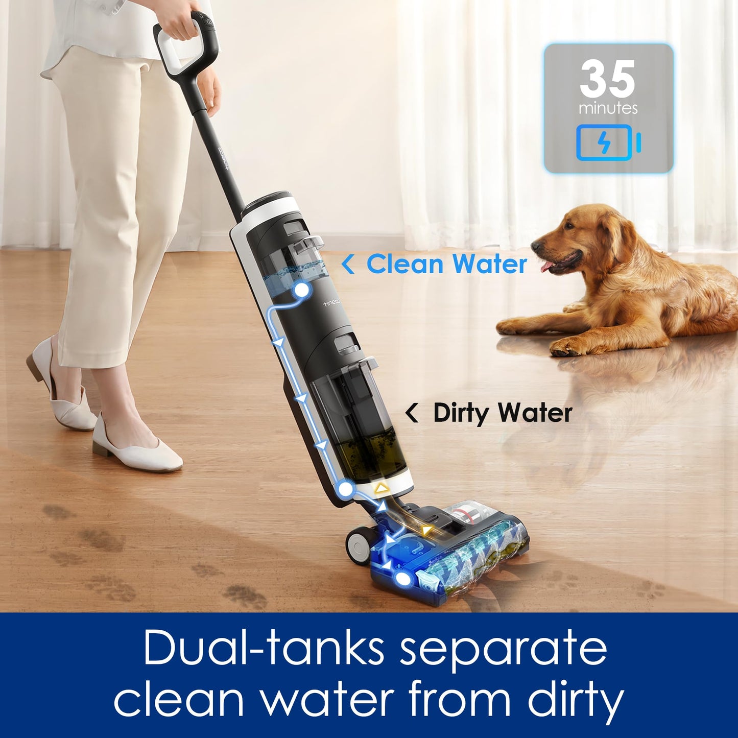 Tineco iFLOOR 3 Breeze Complete Wet Dry Vacuum Cordless Floor Cleaner and Mop One-Step Cleaning for Hard Floors