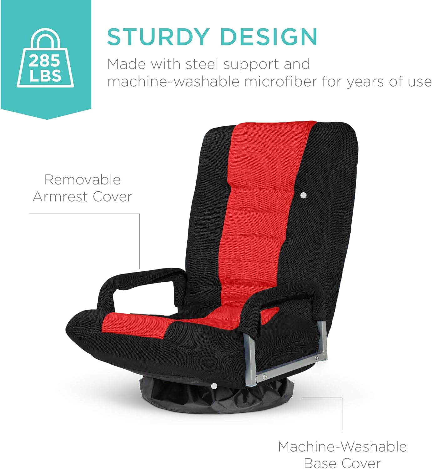 Best Choice Products Swivel Gaming Chair 360 Degree Multipurpose Floor Chair Rocker for TV, Reading, Playing Video Games w/Lumbar Support, Armrest Handles, Adjustable Foldable Backrest - Black/Red