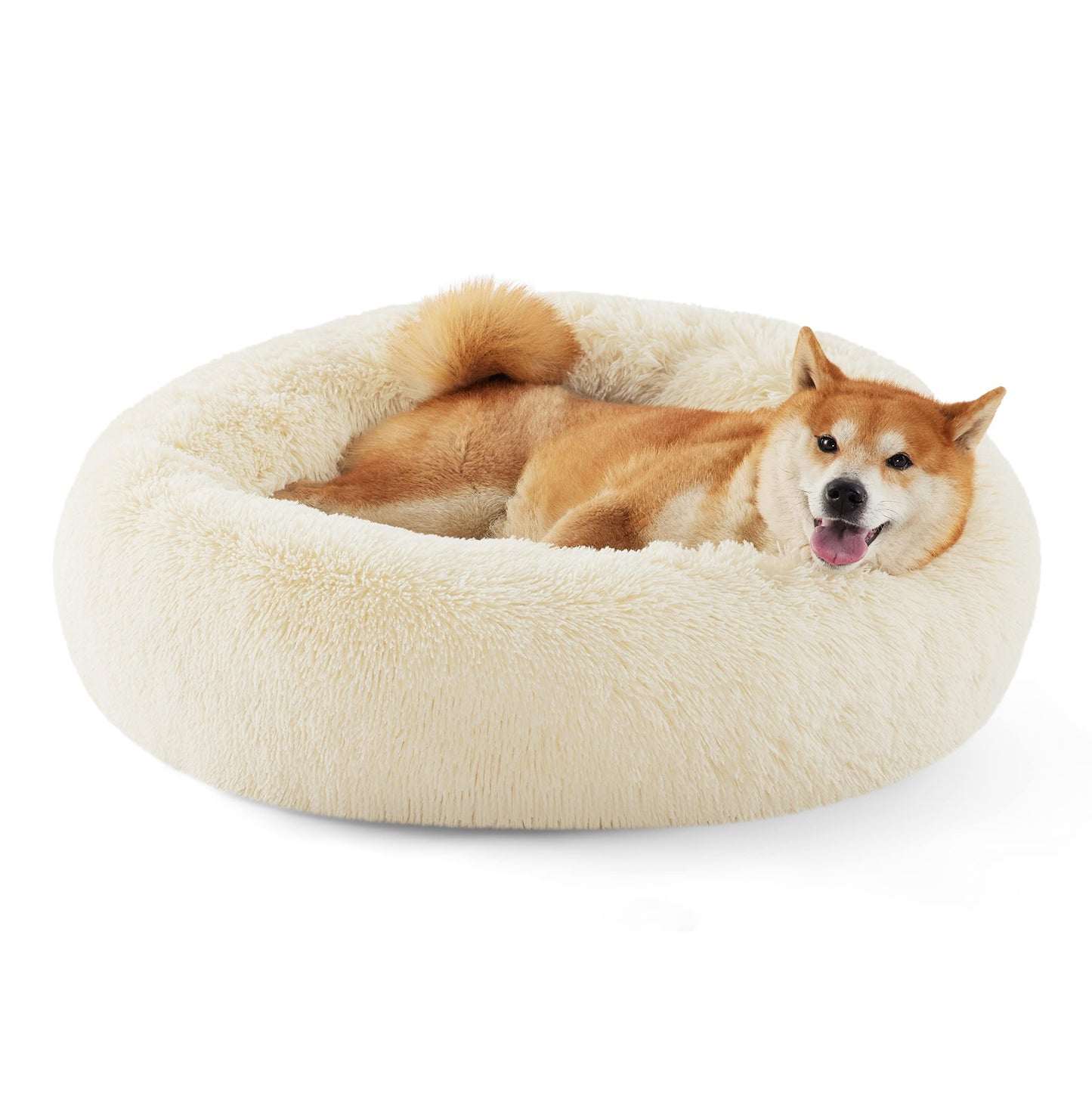 Bedsure Calming Dog Bed Medium Size Dog - Donut Washable Medium Pet Bed, 30 inches Anti-Slip Round Fluffy Plush Faux Fur Cat Bed, Fits up to 45 lbs Pets, Camel