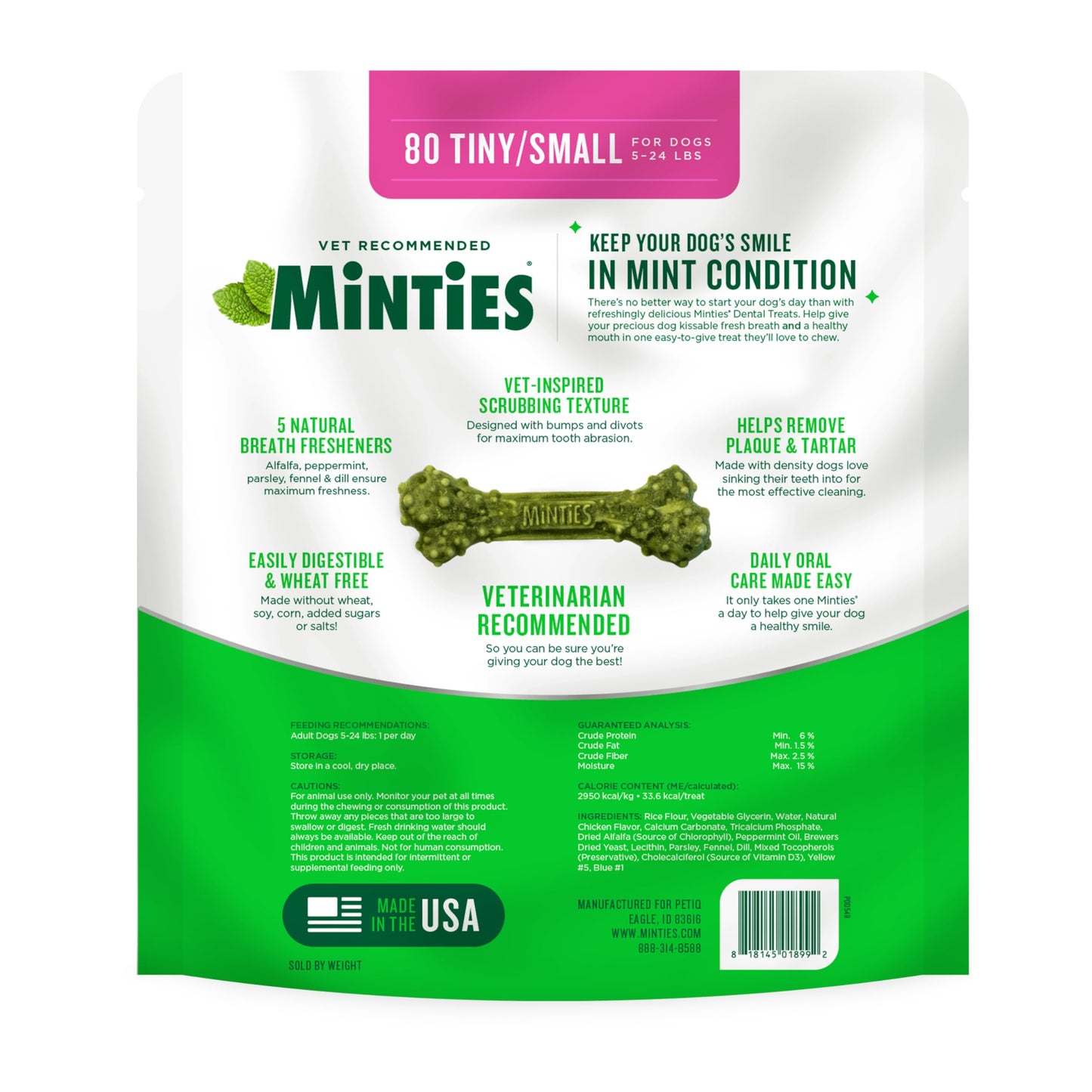 Minties Dog Dental Bone Treats, Tiny/Small Dental Dog Treats, 16 Ounces, Cleans Teeth, Fight Bad Breath, Removes Plaque and Tartar, 16 Count