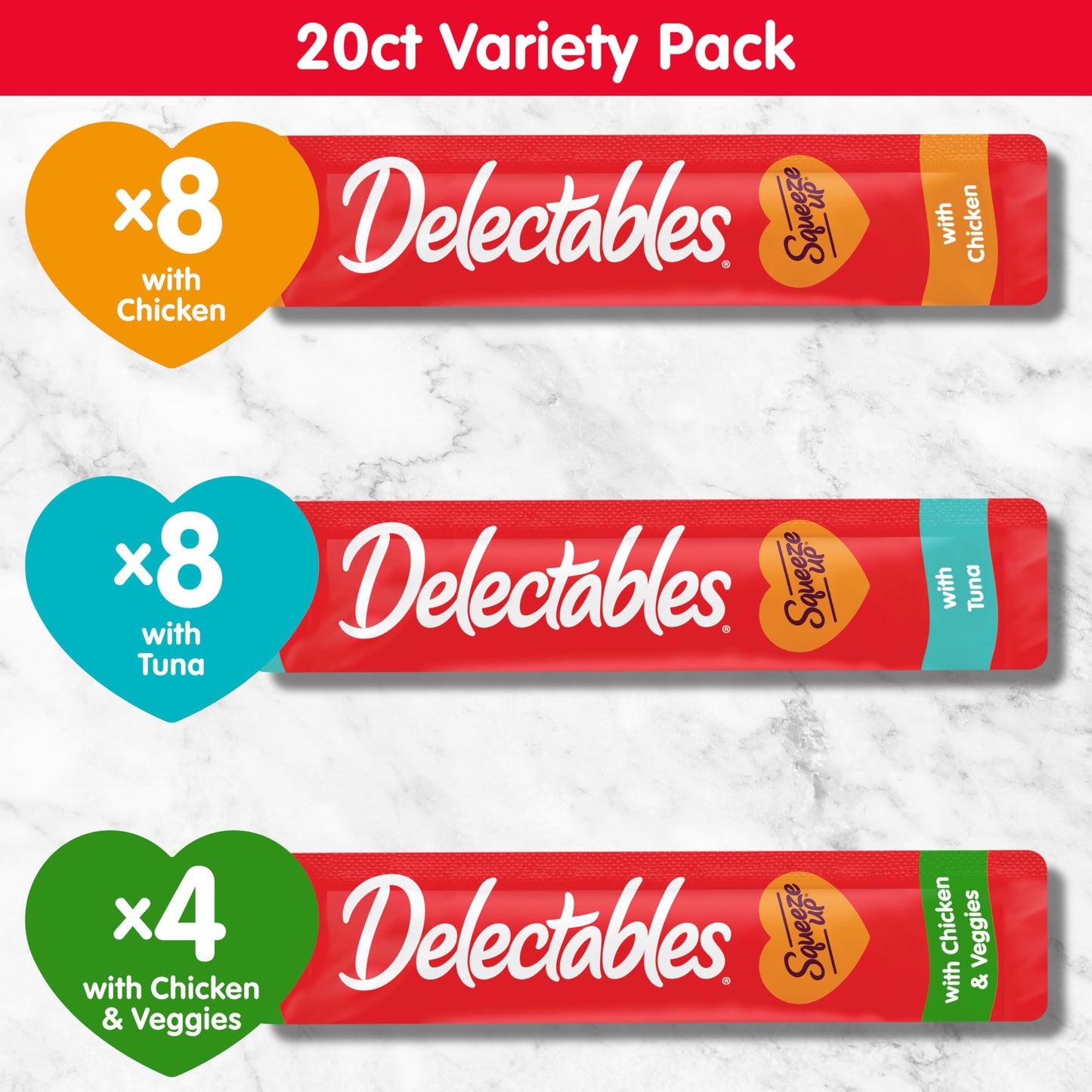 Delectables Squeeze Up Variety Pack, Creamy Squeezable Puree, Lickable Wet Cat Treats, Grain Free, No Added Fillers, No By-Products, No Added Preservatives, 0.5 Ounces Tube, 24 Tubes Total