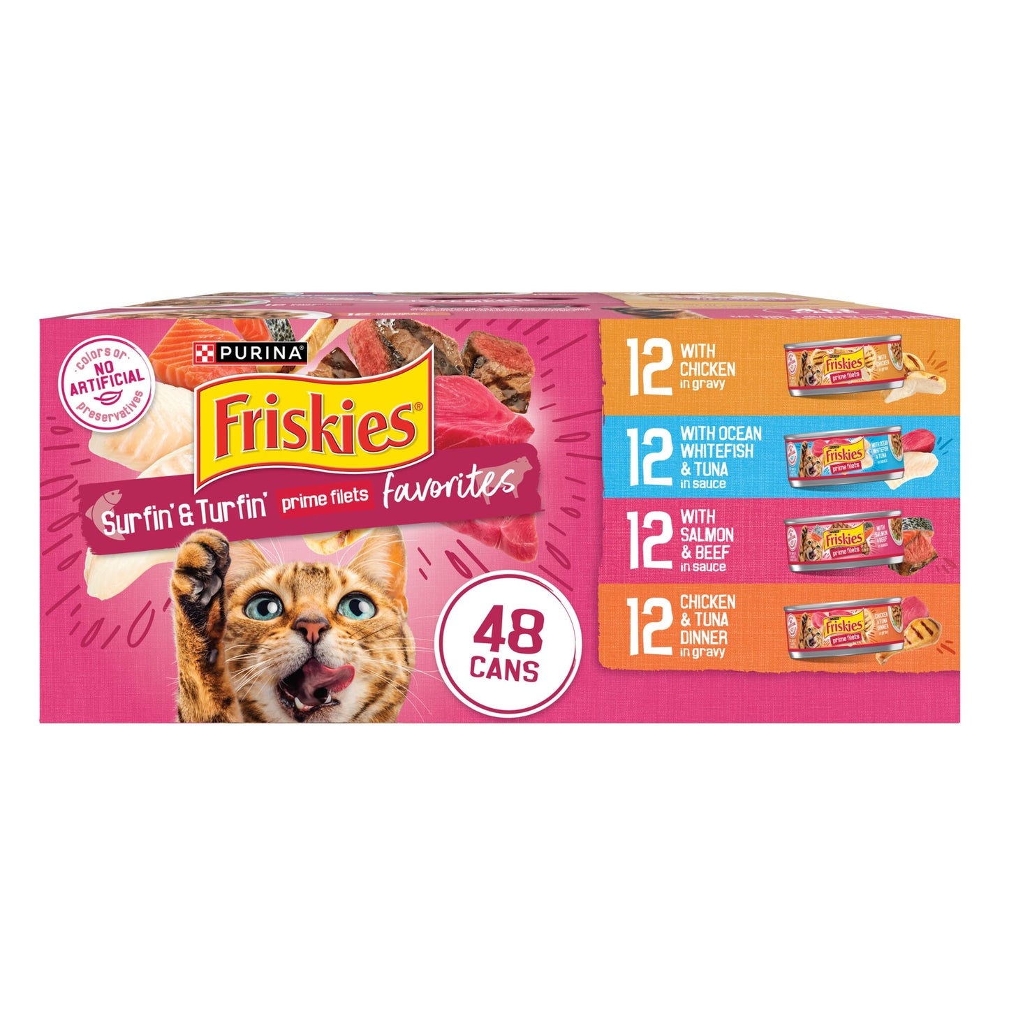 Purina Friskies Gravy Wet Cat Food Variety Pack, Surfin’ and Turfin’ Prime Filets Favorites - (Pack of 40) 5.5 oz. Cans