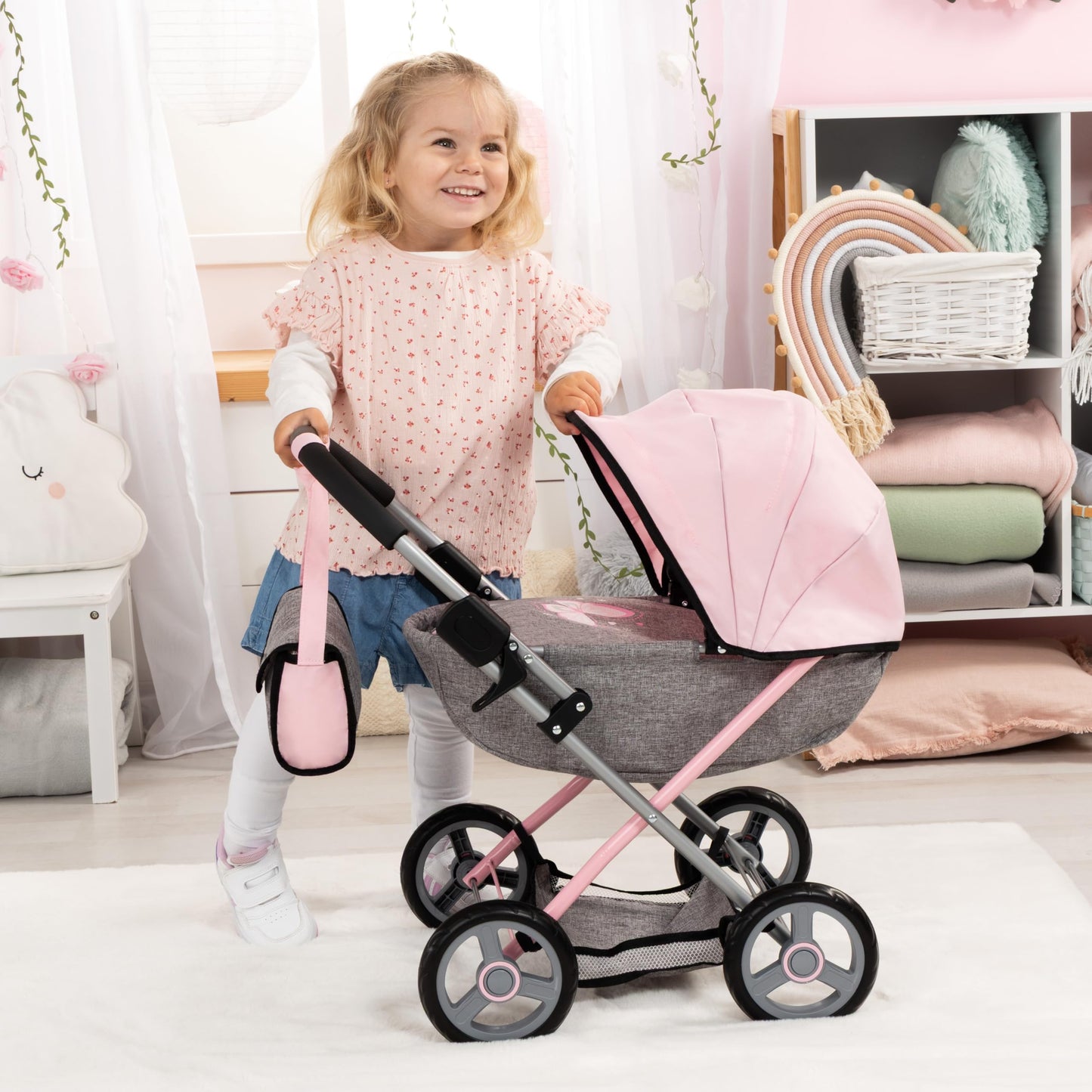 Bayer: 4-in-1 Toy Baby Doll Pram Stroller Cosy Set - Dolls Up to 18" (Pink/Grey) | Baby Dolls | Pretend | Dress up | Accessory