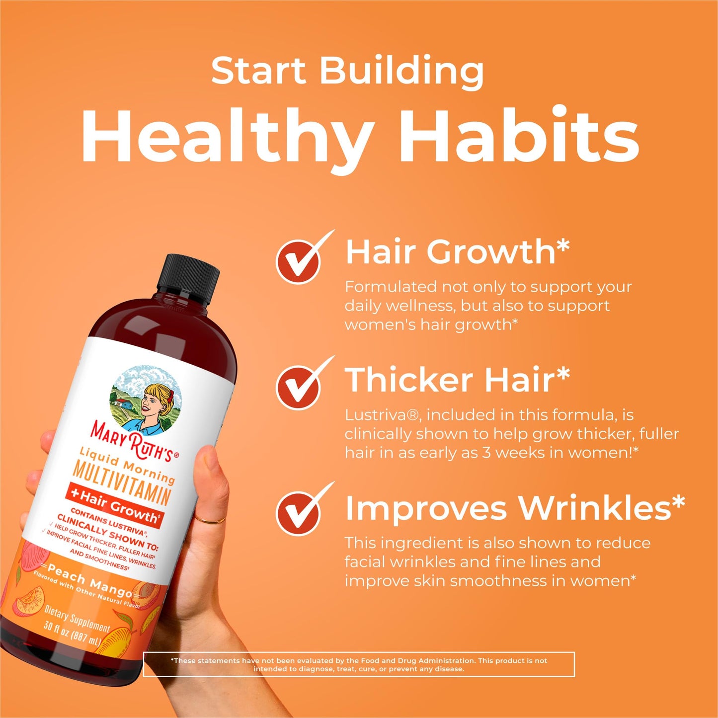 MaryRuth's Liquid Multivitamin + Hair Growth | Biotin 10000mcg | Lustriva Hair Growth Supplement | Clinically Tested in Women for Thicker Hair & Facial Wrinkle | Skin Care | Ages 18+ | 15.22 Fl Oz